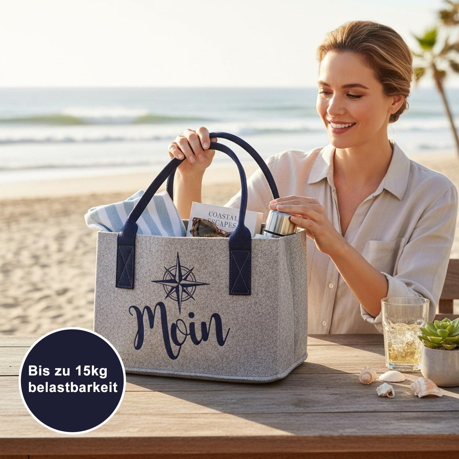 GILDE Einkaufsshopper »Tasche, "Moin", Schriftzug, Windrosenmotiv, Filz, grau« Windrose, Einkauf, Alltagsbegleiter, Geschenkidee, Aufbewahrung