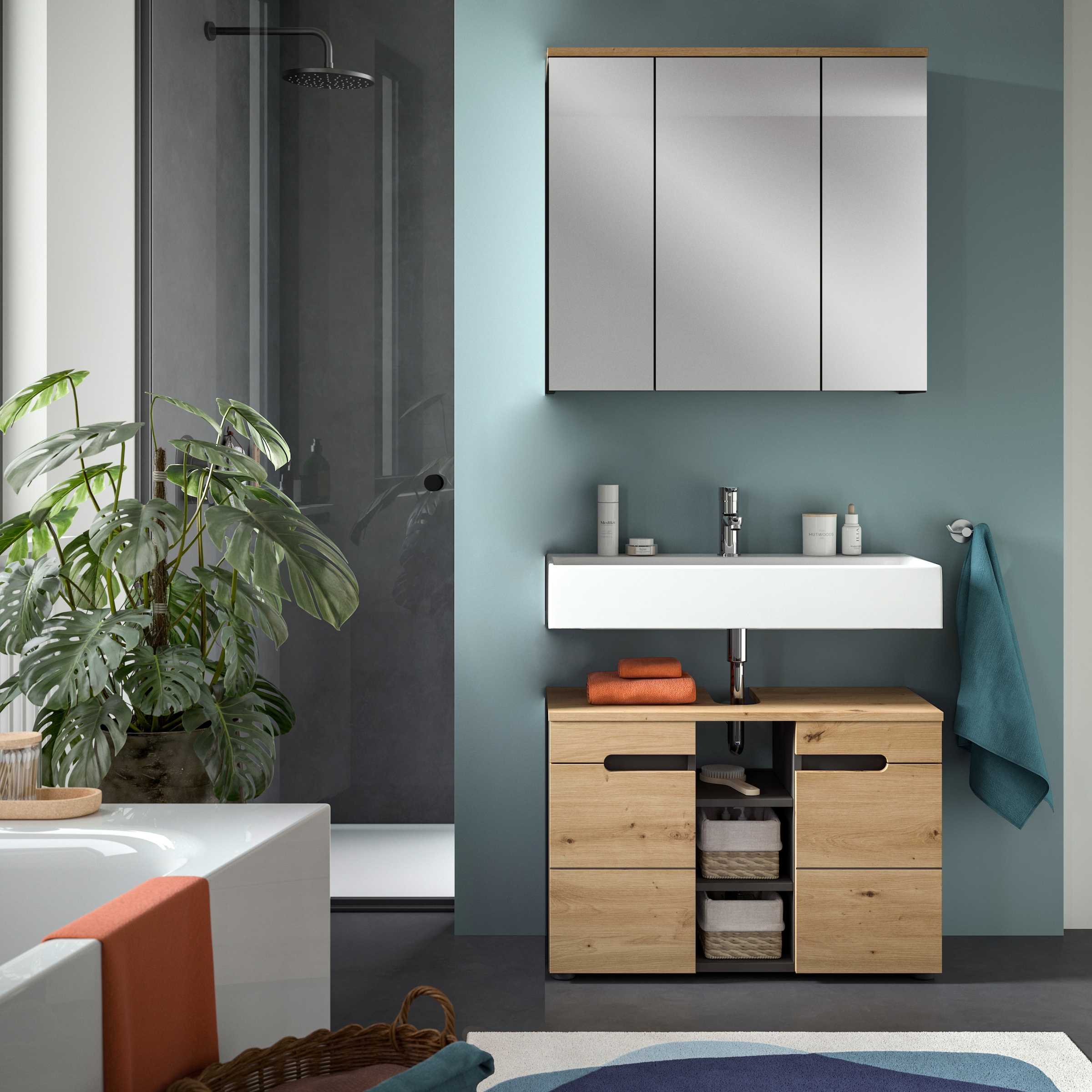 INOSIGN Spiegelschrank »REHAT, Breite 80 cm, 3 Spiegeltüren, 6 Einlegeböden«, Türanschlag der mittleren Tür wechselbar, Grifflose Spiegelfront