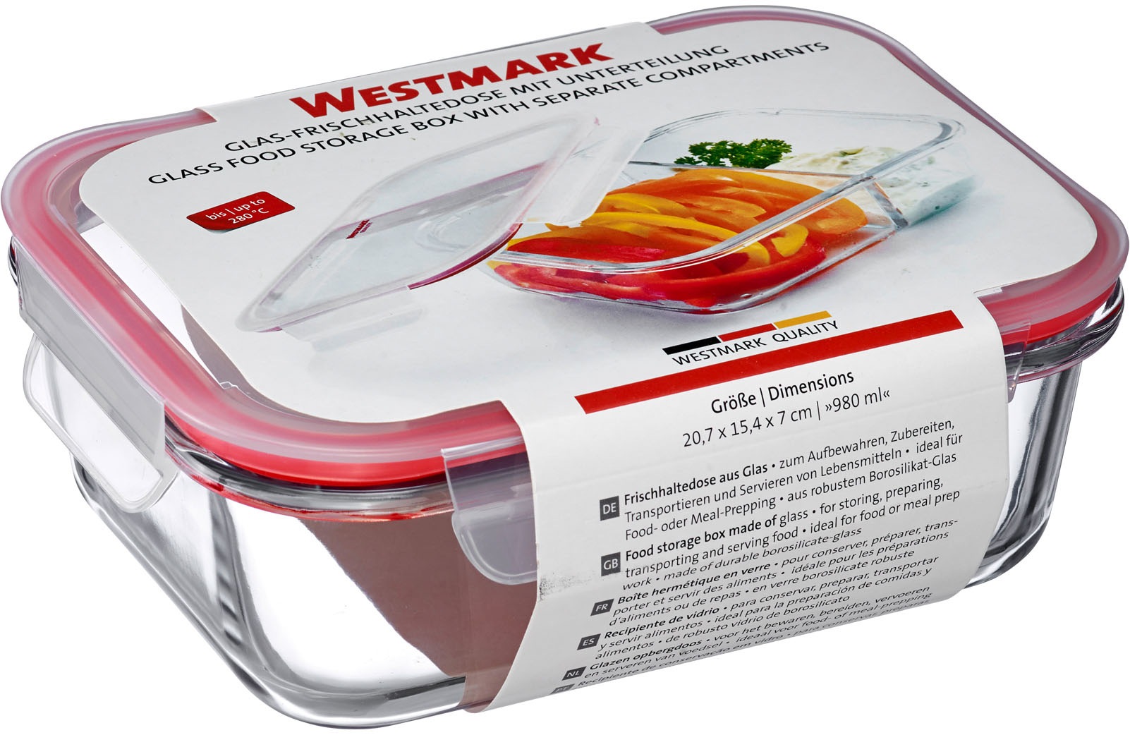 WESTMARK Frischhaltedose »Glas-Frischhaltedose 980 ml, mit 2 separaten Fächern«, (1 tlg.), mikrowellen- und ofenfest, 980 ml = 550 + 430 ml