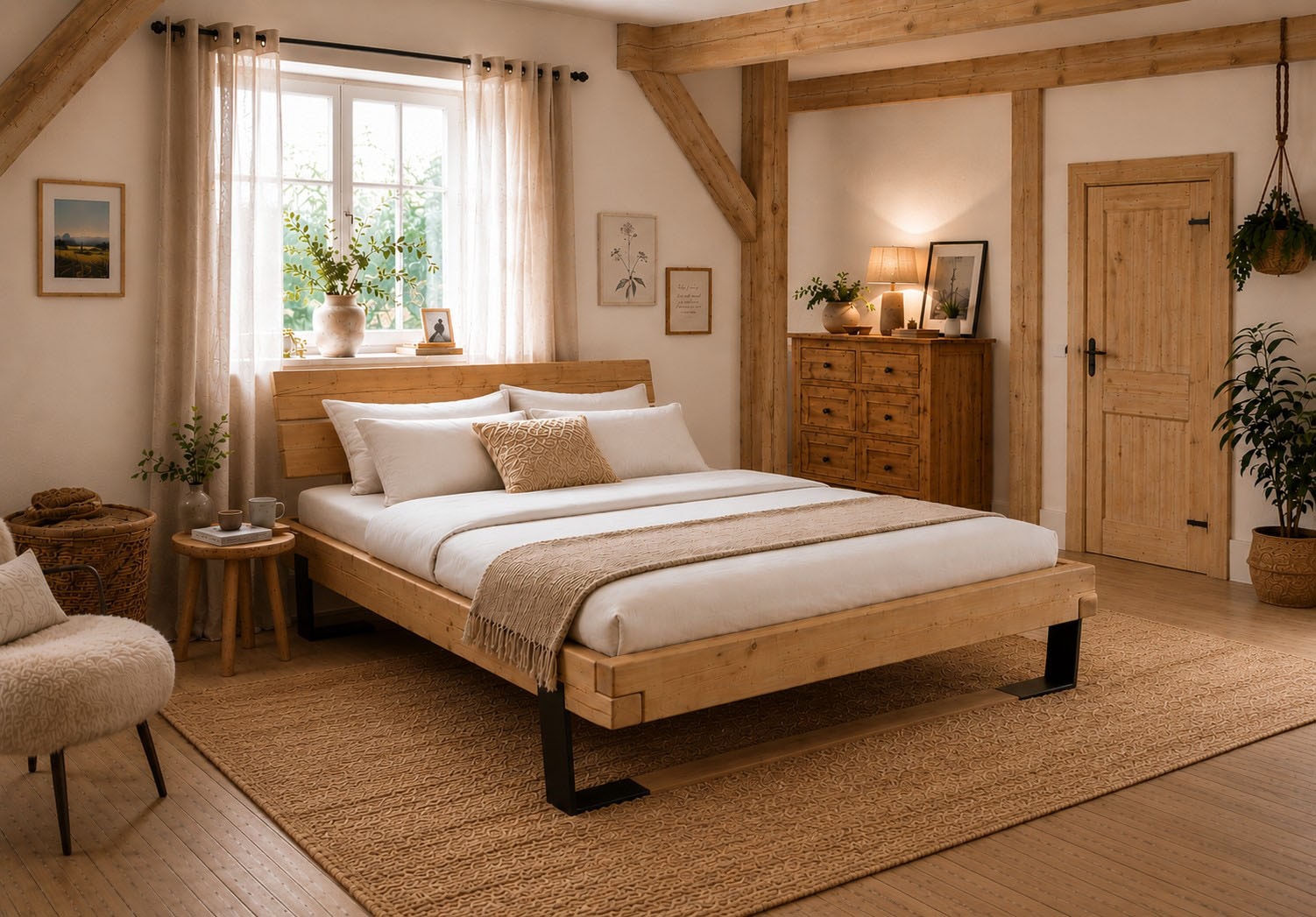 Home affaire Massivholzbett »Ultima Balkenbett Doppelbett, Füße Metallkufe mit Holzelement« hohe Belastbarkeit: 200kg je Seite,  FSC®-zertifizierte Wildeiche oder Fichte, viele Breiten zur Auswahl