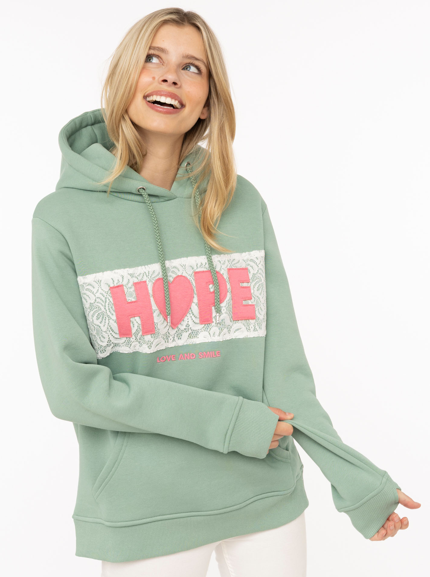 Zwillingsherz Hoodie ""HOPE Spitze"", Kapuze mit Kordel, Motiv mit Spitze, elastische Bündchen