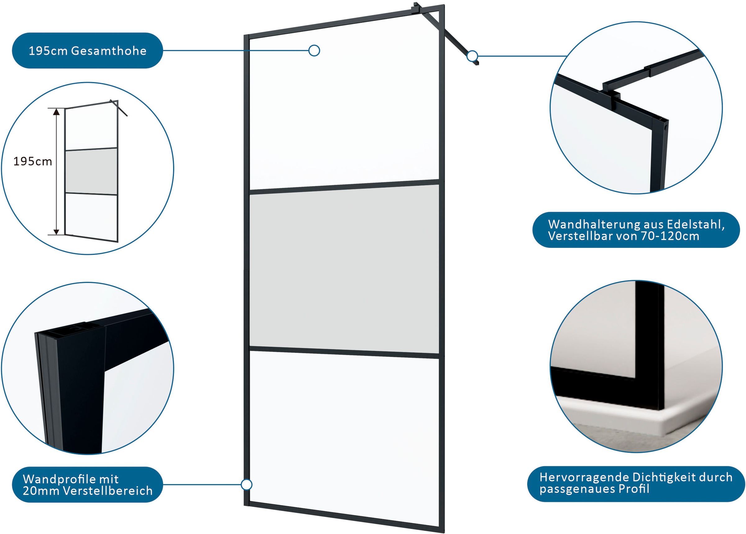 Thumbnail - welltime Walk-in-Dusche "Walk-In Foggy Black" Milchglaseinsatz für perfekten Sichtschutz