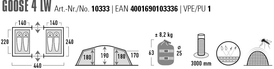 High Peak Tunnelzelt »Goose 4 LW«, 4 Personen, Aluminiumgestänge