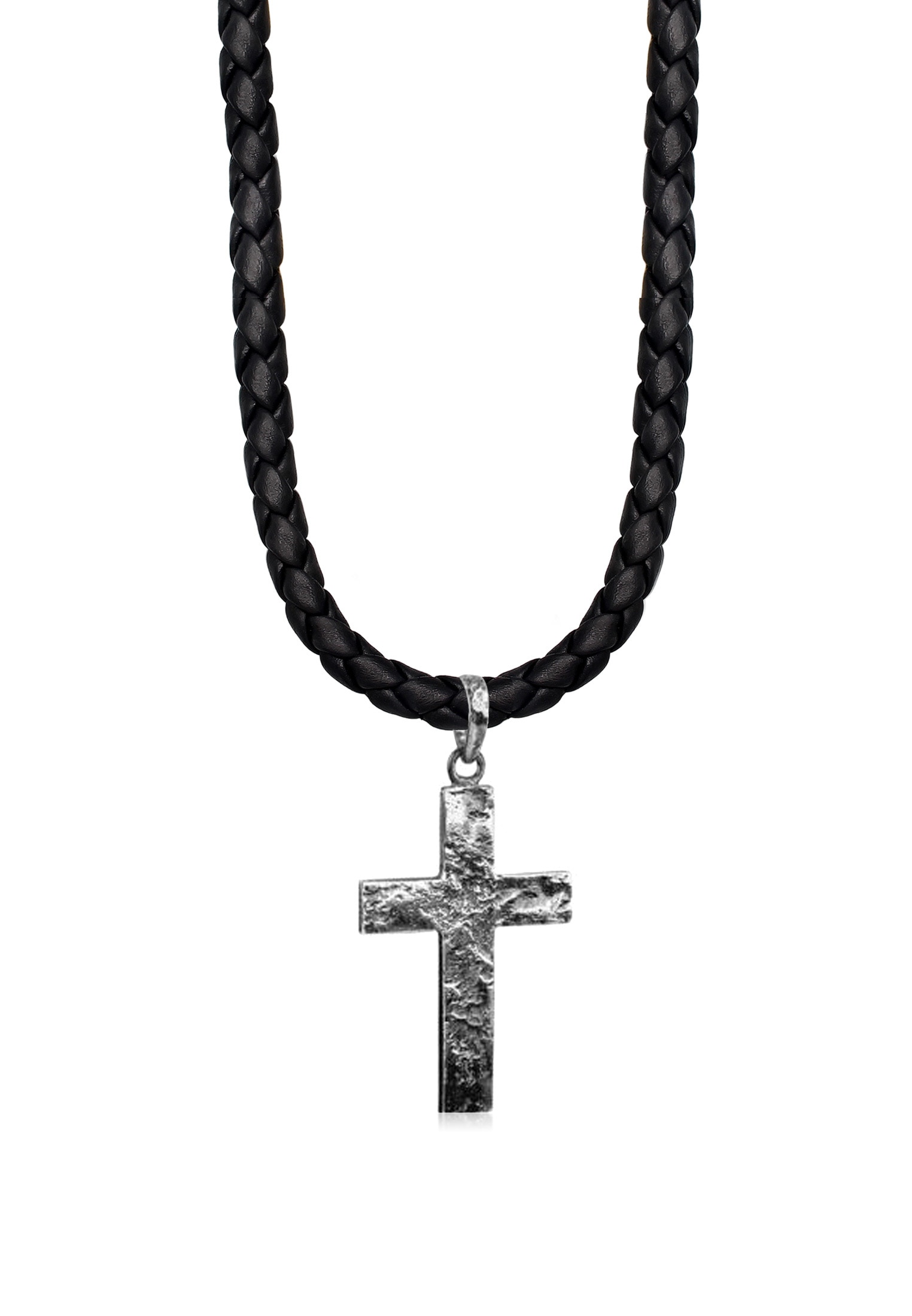 "Kette mit Anhänger KUZZOI ""Halskette Herren Lederkette Kreuz Oxidiert Matt 925 Silber"" Gr. 55, silber, Halsketten, Herren, 55, ohne Stein, Silber