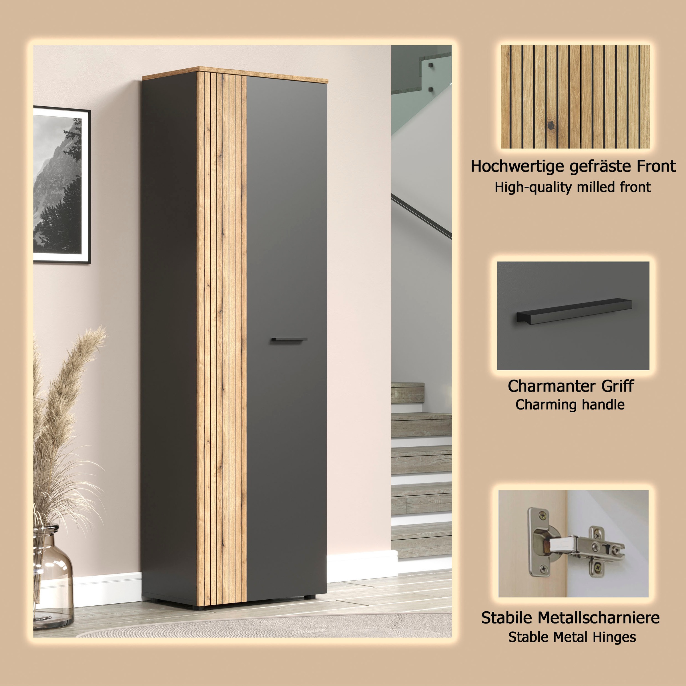 Home affaire Garderobenschrank »Estepona« 1 Stk. tlg. Flurschrank mit 2 Türen & 1 Kleiderstange – (B/T/H) 60/36/195 cm