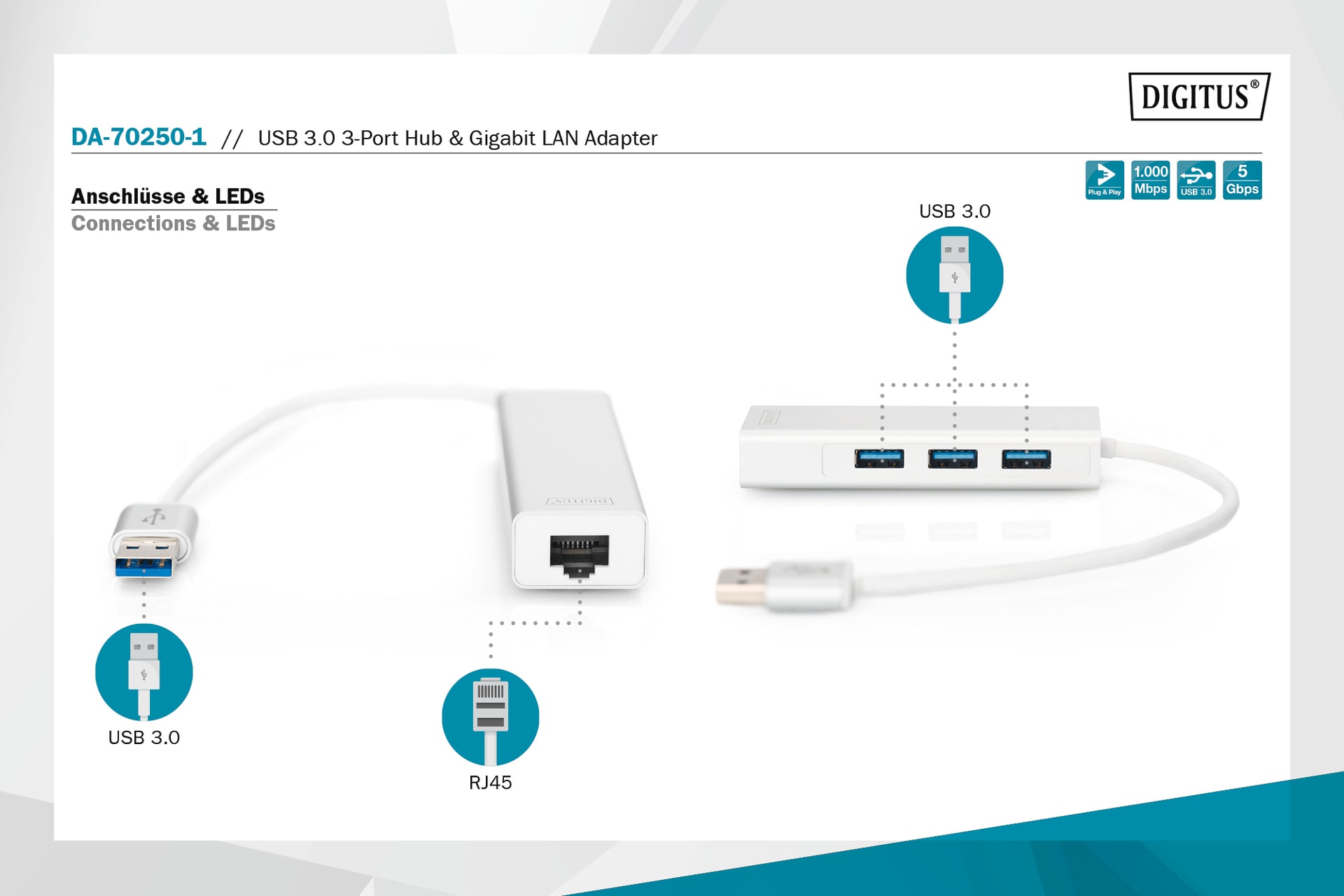 Digitus Laptop-Dockingstation »USB 3.0 3-Port Hub & Gigabit LAN-Adapter«