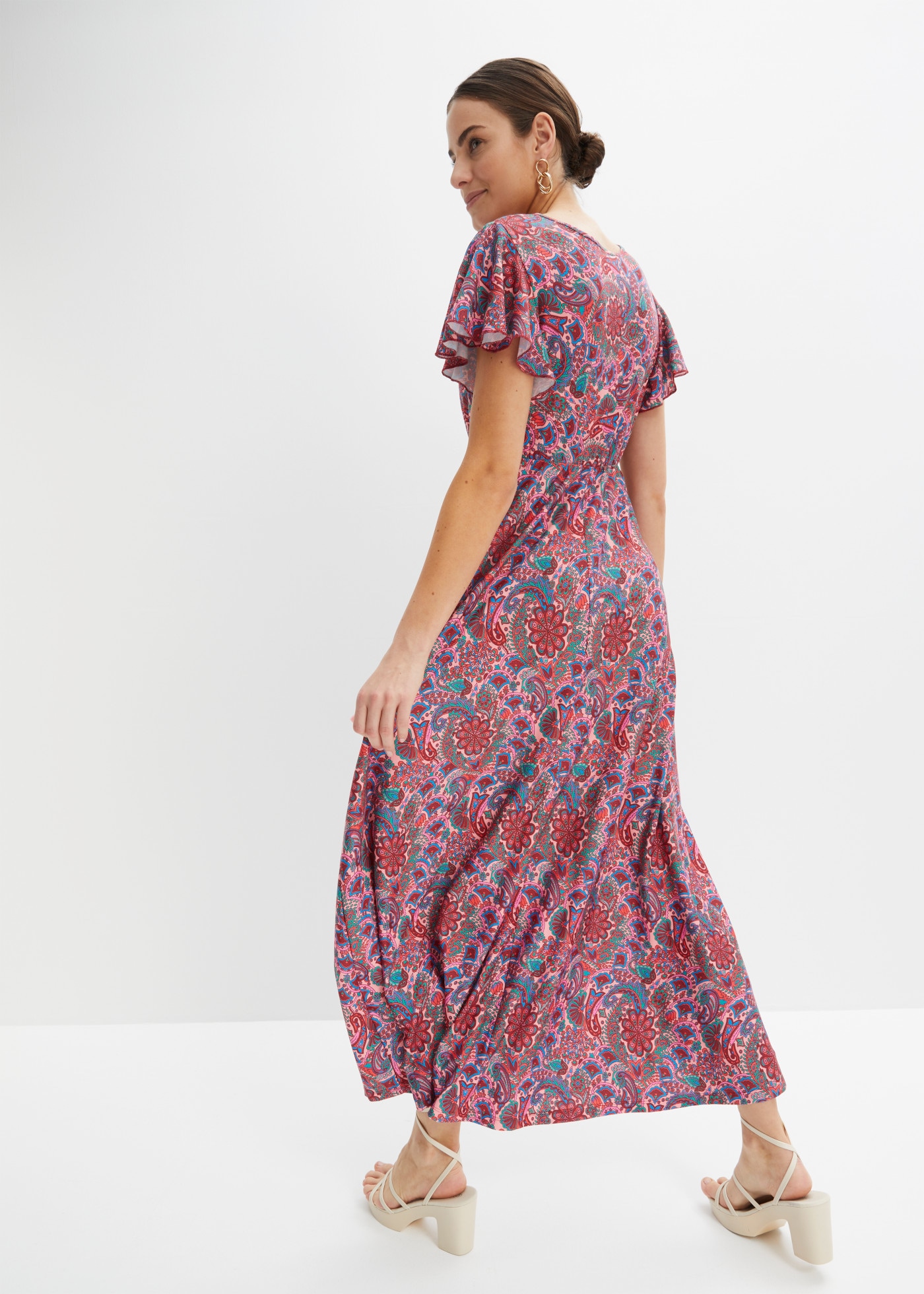bonprix Maxikleid lockerer Schnitt, mit Flügelärmeln, elastisches Material, Maxilänge