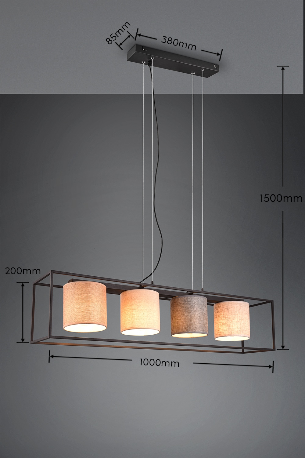 TRIO Leuchten Pendelleuchte »ROSS, Hängelampe 4-flammig Küche Wohnzimmer exkl 4xE27 max 25W«, 4 flammig, Leuchtmittel E27 | Leuchtmittel wechselbar, Hängeleuchte höhenverstellbar max 150cm mit Stoffschirmen in 4 Farben