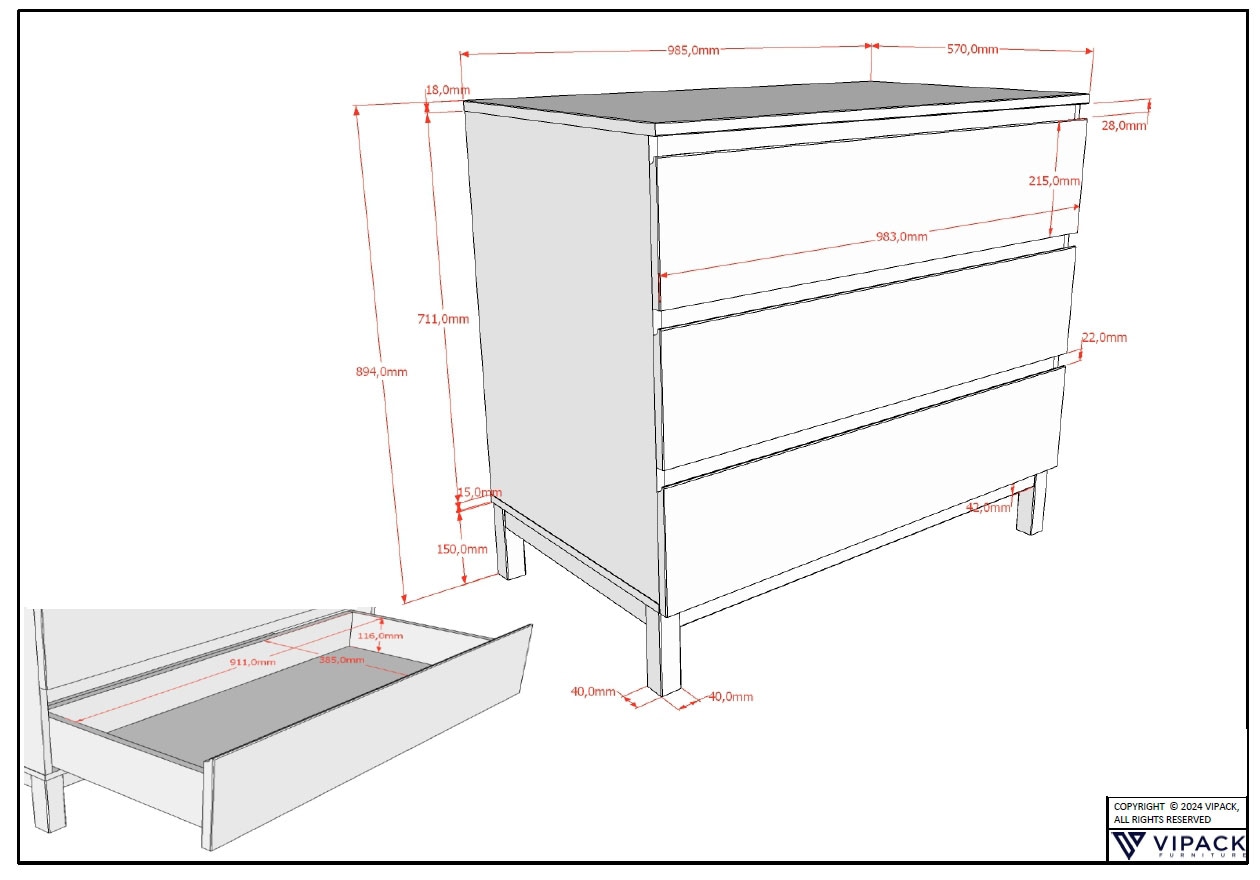 Vipack Schubkastenkommode »in gradlinigem Design, glatten Fronten und pflegeleichter Oberfläche«, inkl. 3 geräumigen Schubladen, Oberfläche weiß lackiert