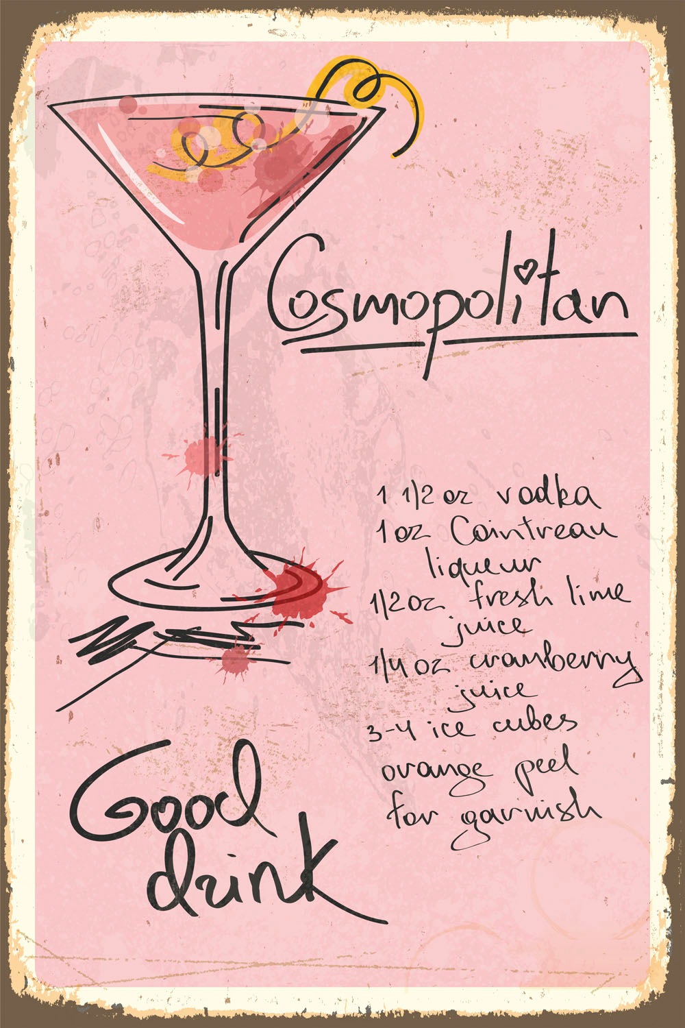 queence Metallbild »Cosmopolitan«, Schriftzüge-Schriftzug-Getränke, (1 St.), Stahlschild, Blechschild, retro, Cocktail Rezept