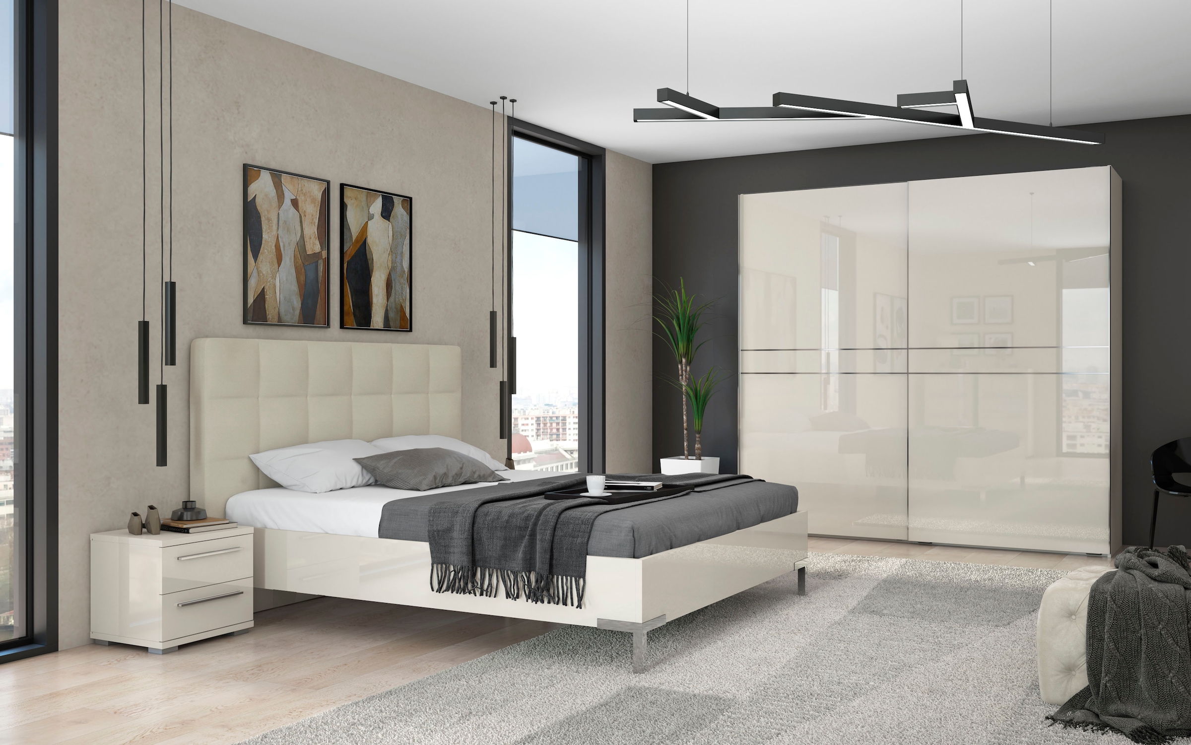 Places of Style Schwebetürenschrank »Piano, FSC-zertifiziert, mit Einlegeböden und Kleiderstangen«, (in 3 Breiten, 224cm hoch), UV lackiert, hochglänzend, mit Soft-Close Funktion, in beige oder weiß