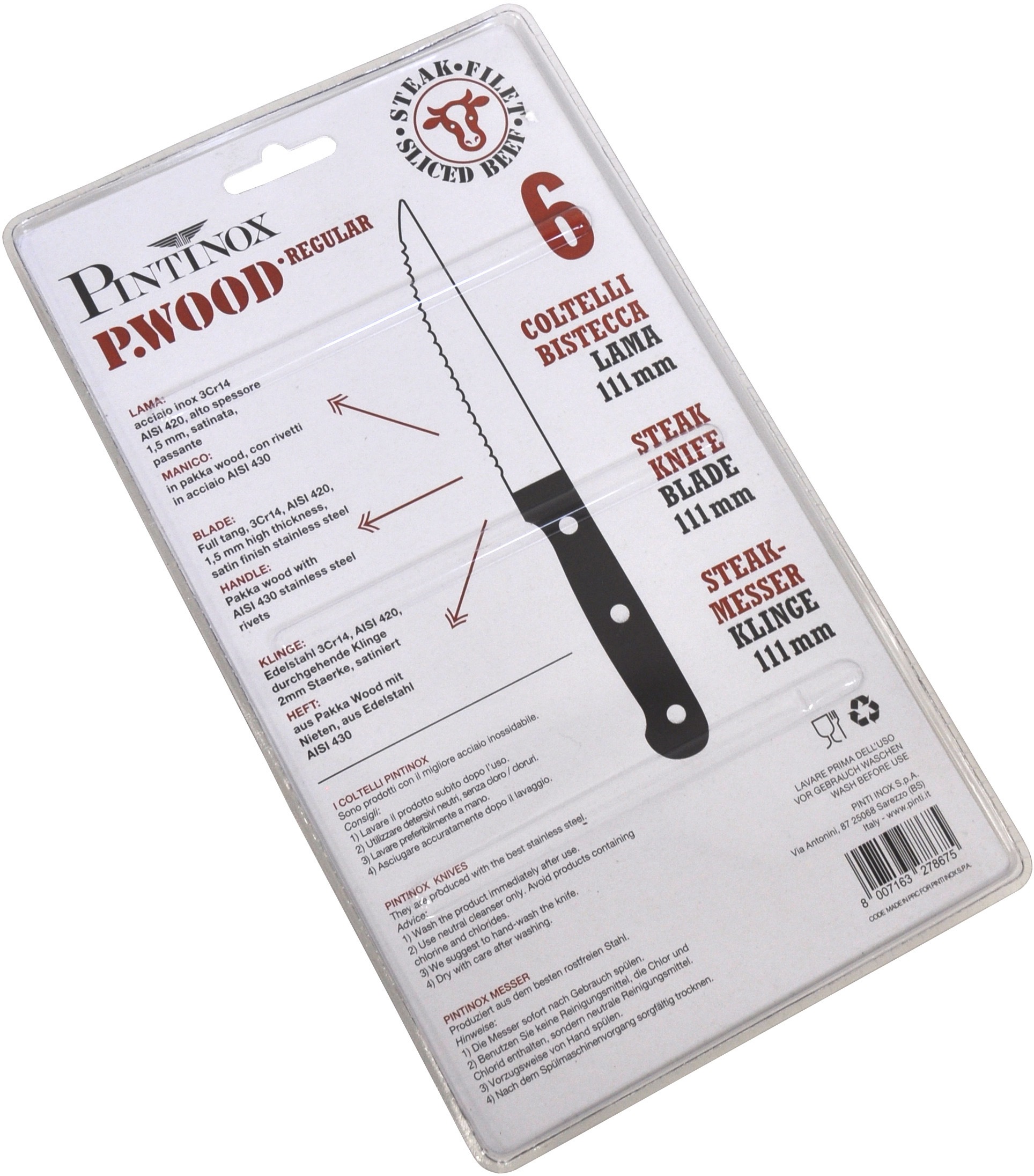 Thumbnail - PINTINOX Steakmesser "P.Wood", (Set, 6 tlg.), aus rostfreiem Stahl, Griff aus Pakkaholz, Klinge 11,1 cm