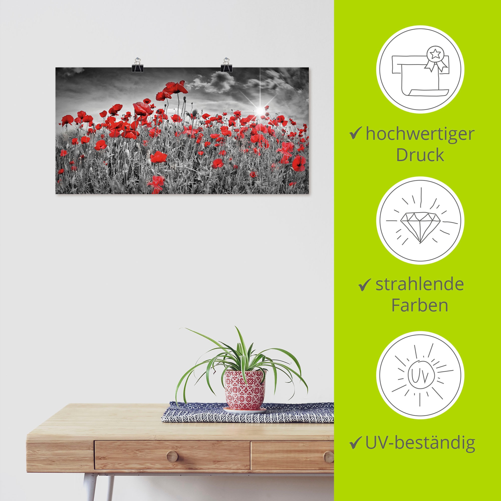 Artland Wandbild »Idyllisches Mohnblumenfeld mit Sonne«, Blumen, (1 St.), als Alubild, Outdoorbild, Leinwandbild, Poster, Wandaufkleber