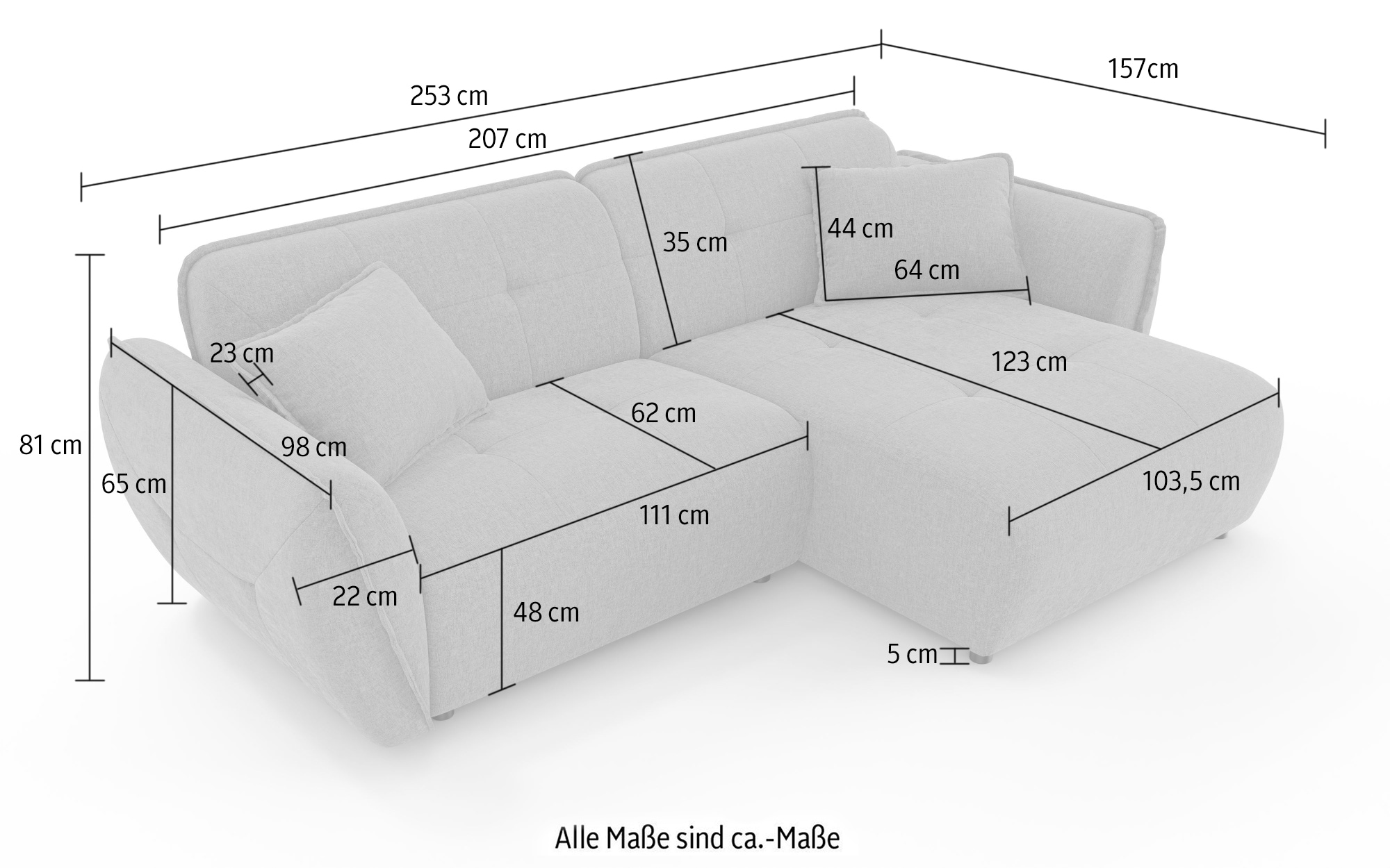 Home affaire Ecksofa »MIRELDA L-Form mit Steppungen, Recamiere rechts/links, Breite 253 cm« elegant und bequem, enthält 2 Zierkissen, belastbar bis 480kg