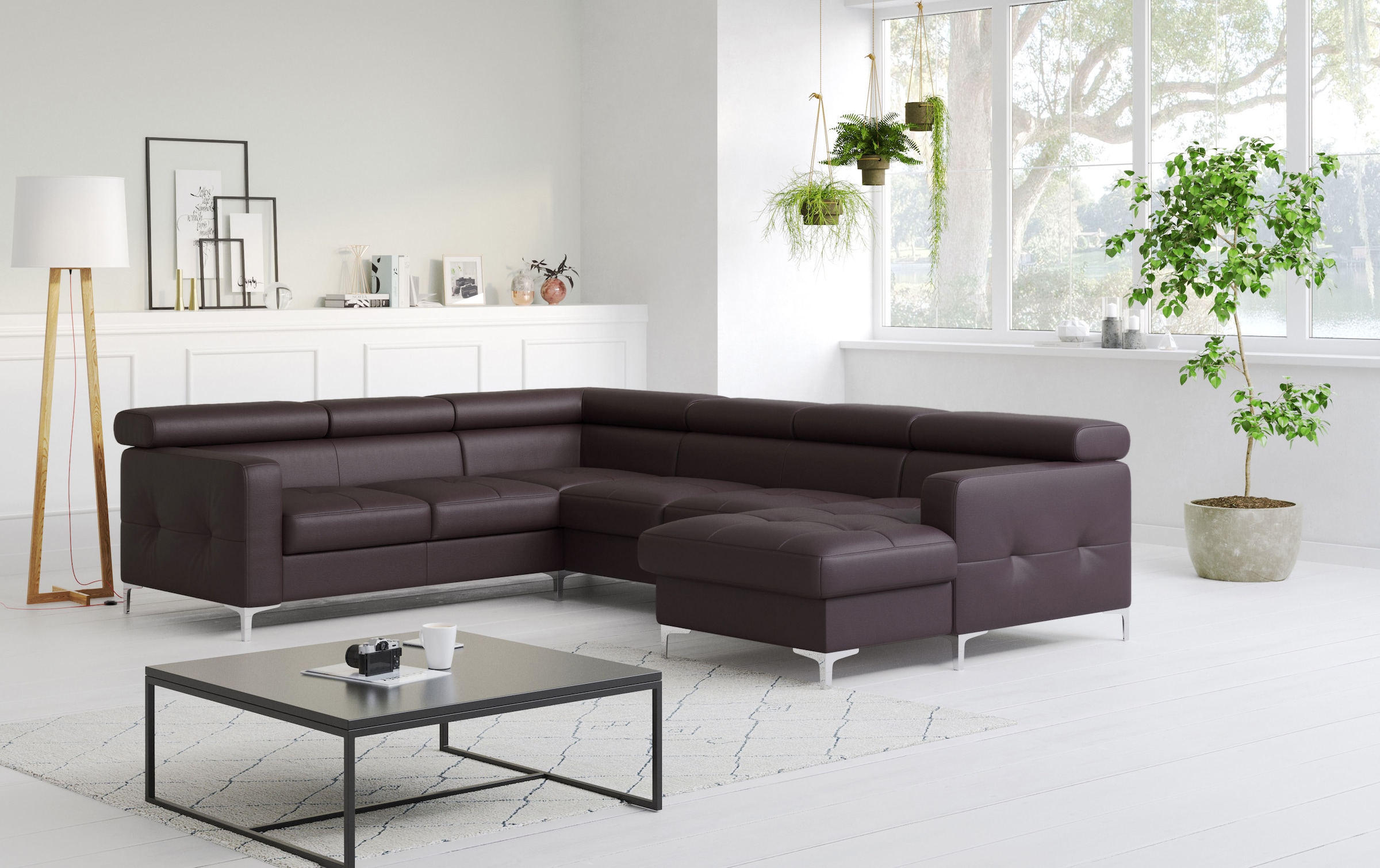 Wohnlandschaft COTTA, B:304cm H:74cm T:240cm, braun, NaturLEDER, die Rückseite ist mit schwarzem und die Liegefläche der Bettfunktion ist mit beigem