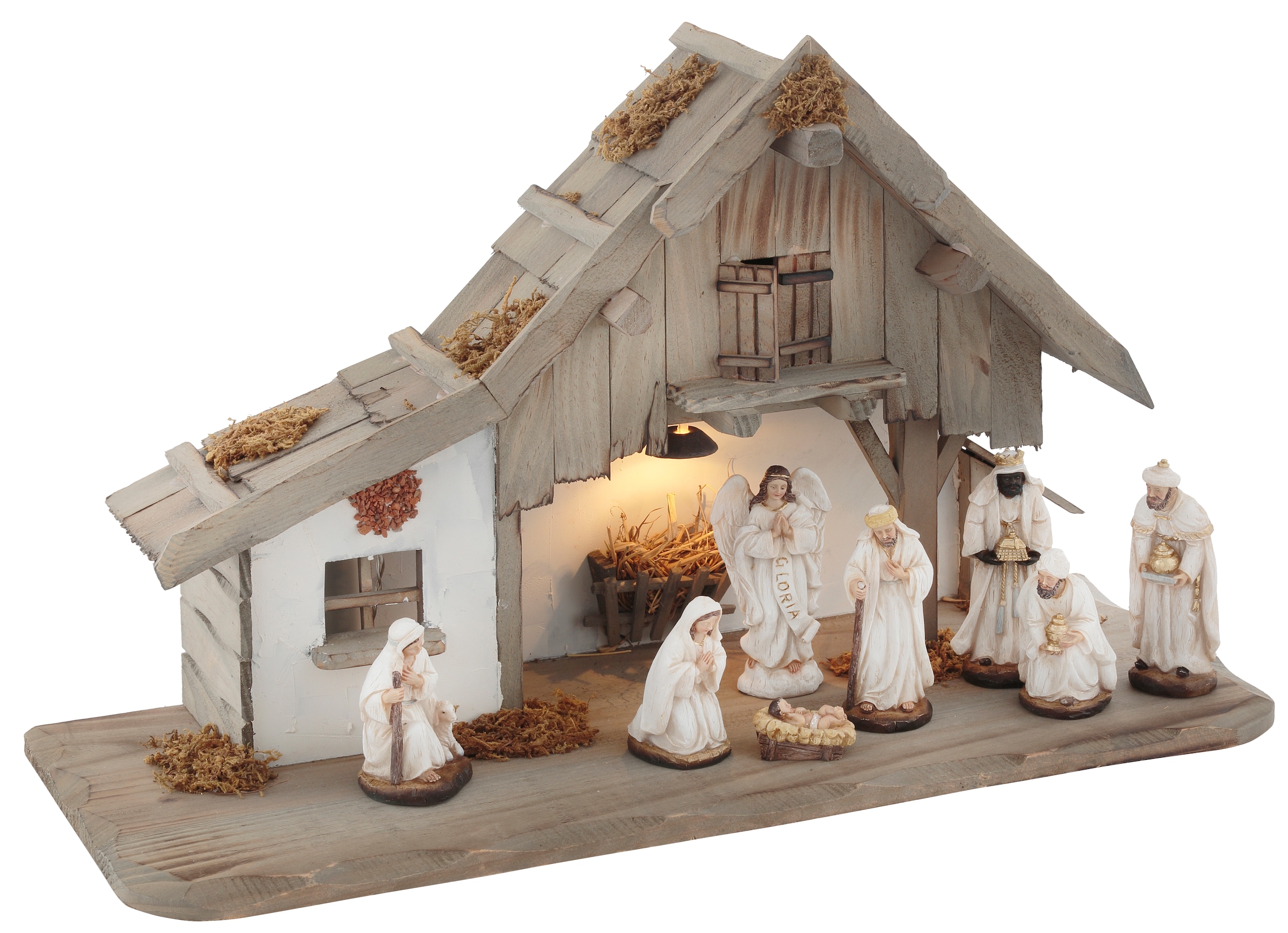 my home Krippe »Weihnachtsdeko«, (Set, 9 tlg.), aus Holz mit LED-Laterne, inklusive Krippenfiguren