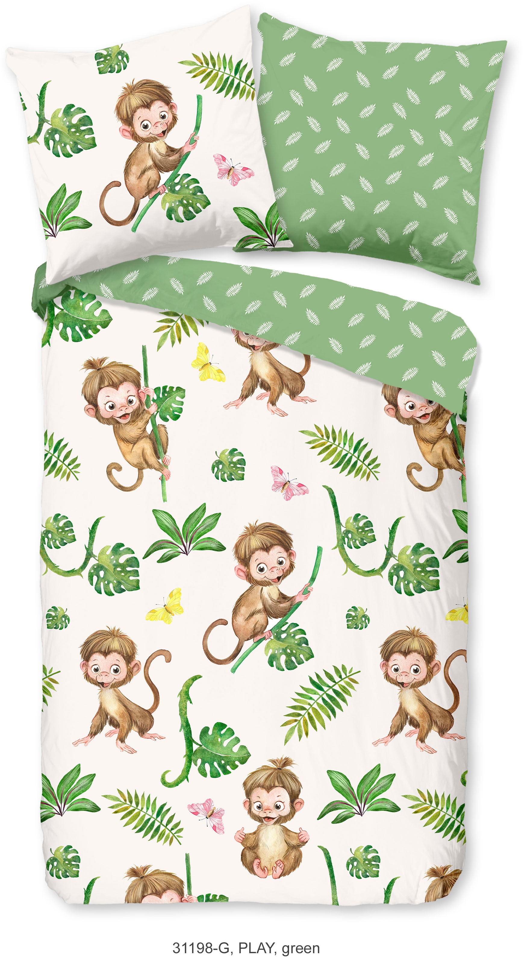 good morning Kinderbettwäsche »Play«, 100% Baumwolle, 135x200, Reißverschluss, Wendeoptik, Kind, Affe, Grün