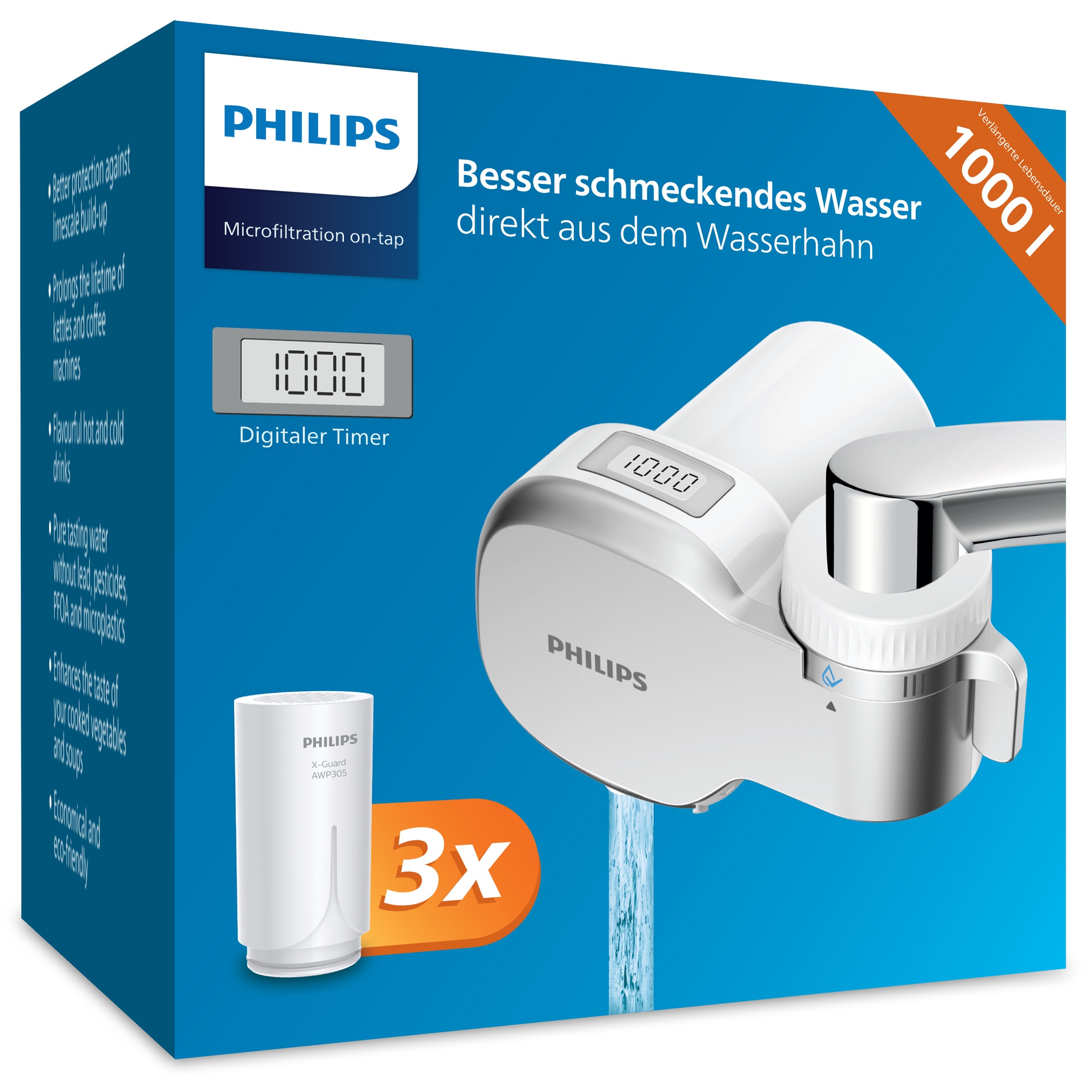 Philips Wasserhahnfilter »Philips Ontap Wasserhahn-Filter mit Display inkl. 3 Ersatzfilter« Set, 4 Stk. tlg. Verbessert den Wassergeschmack, reduziert Verunreinigungen & Sedimente