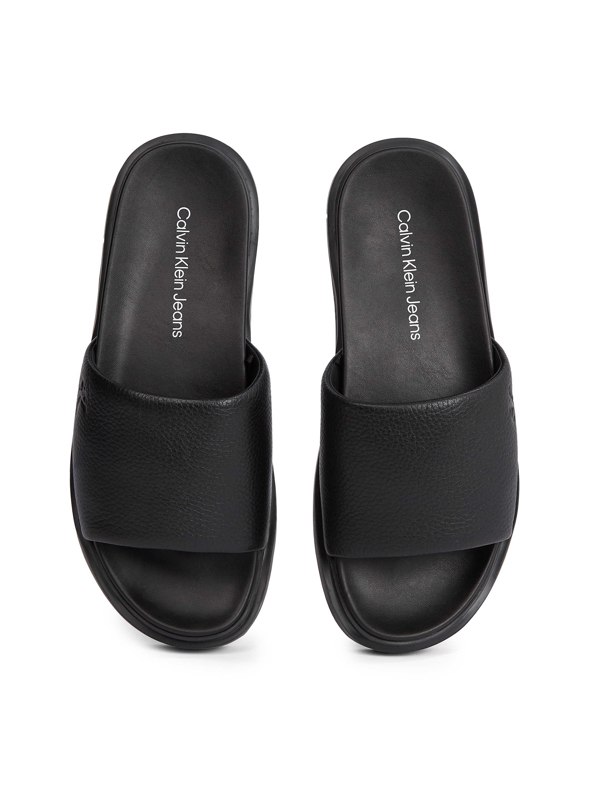 Calvin Klein Jeans Pantolette »FLAT MOLDED SLIDE SANDAL LTH«, Poolslides, Sommerschuh, Strandschuh, Schlappen mit CK Prägung
