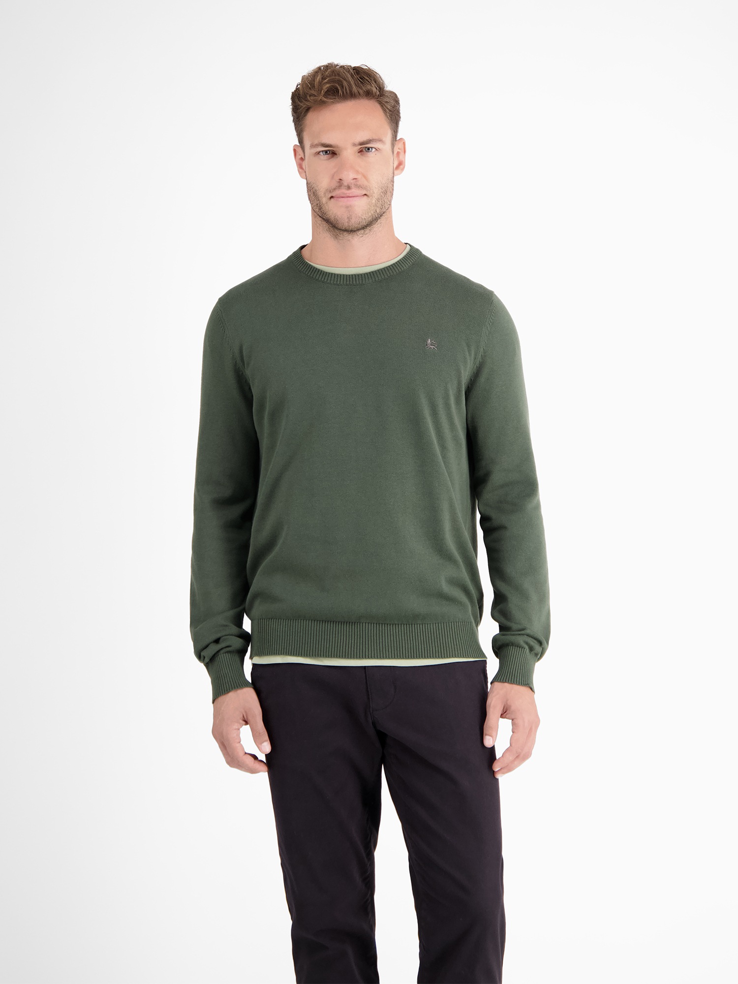 Strickpullover LERROS "Crewneck Strickpullover", Herren, Gr. M, grün (chilled olive), 100% Baumwolle, Pullover Strickpullover, Weicher Strick-Pullover, Rundhalsausschnitt, lange Ärmel, pflegeleicht