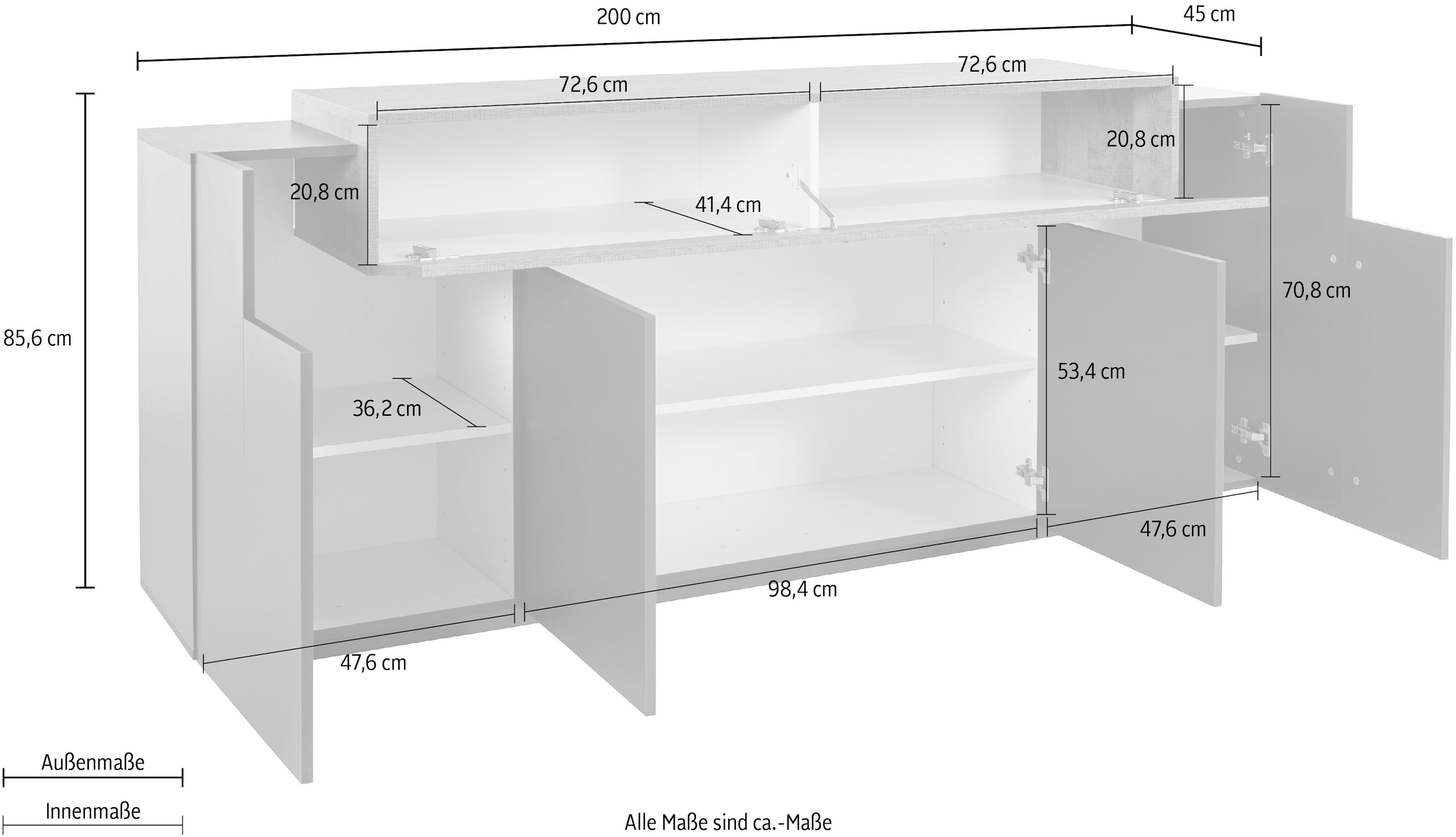 INOSIGN Sideboard »Coro, Kommode, Schrank, Kredenz, grifflos mit Einlegeböden«, 1 klappe,4 Türen, Doppeltiefe, B/T/H 200x45x85,6cm