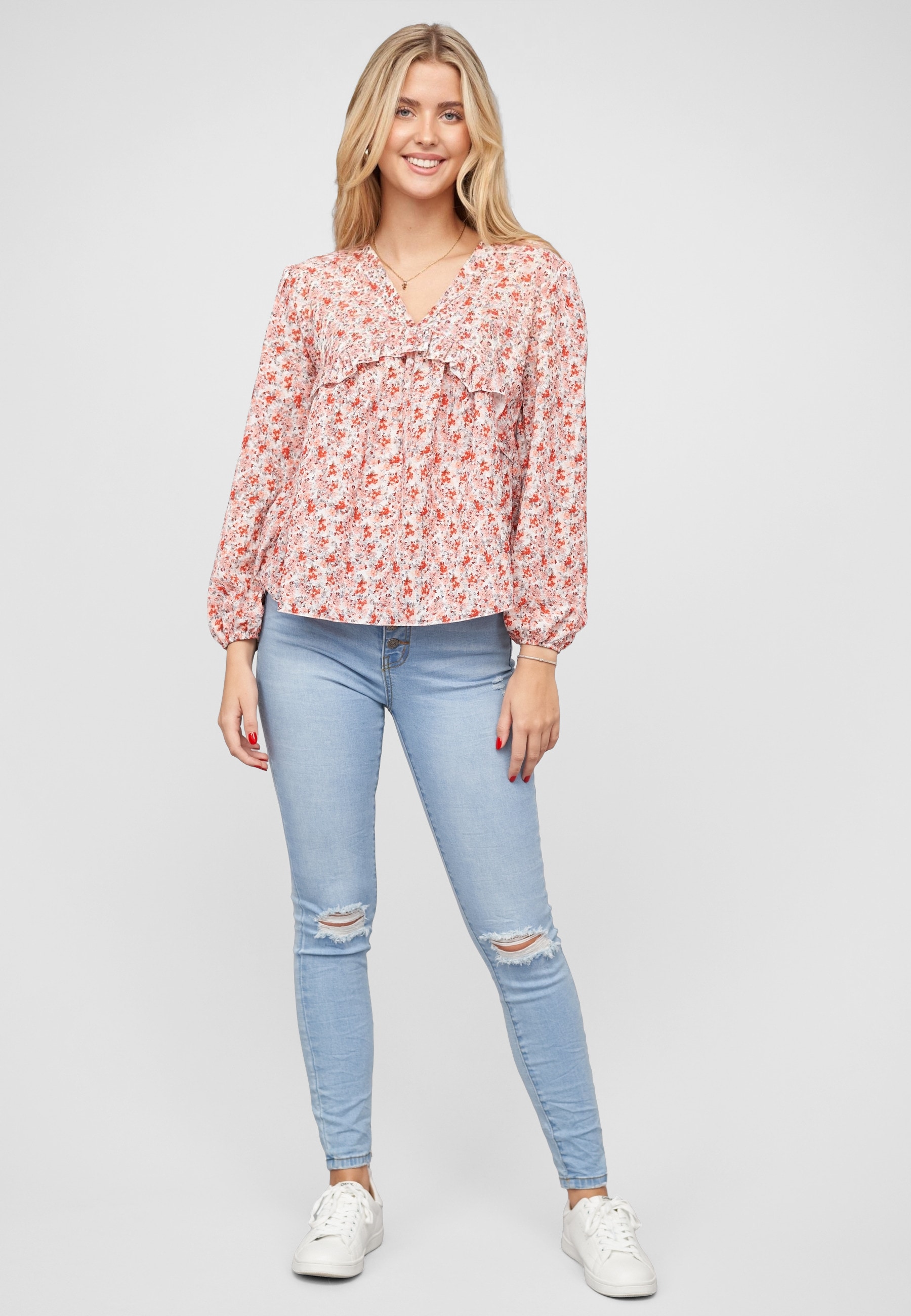 CLOUD 5IVE Blusentop »CLOUD 5IVE V-Neck Bluse mit Rüschendetails und Blumen Print«