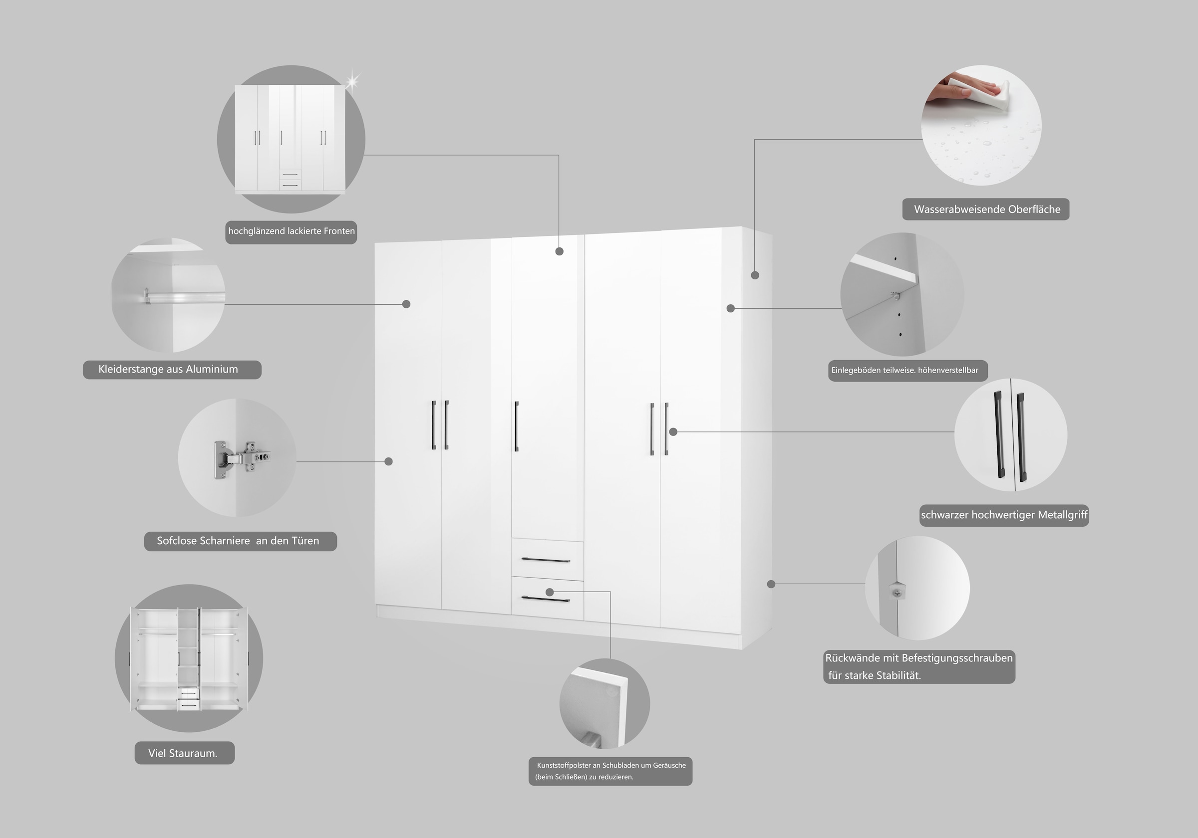 INOSIGN Kleiderschrank »Sylt Schlafzimmerschrank Garderobe Schrank TOPSELLER in hochglanz weiß«, (5 Türen, 2 Schubladen, schwarze moderne Griffe, 7 Einlegeböden), Drehtürenschrank mit perfekter Innenausstattung, Breite 200cm