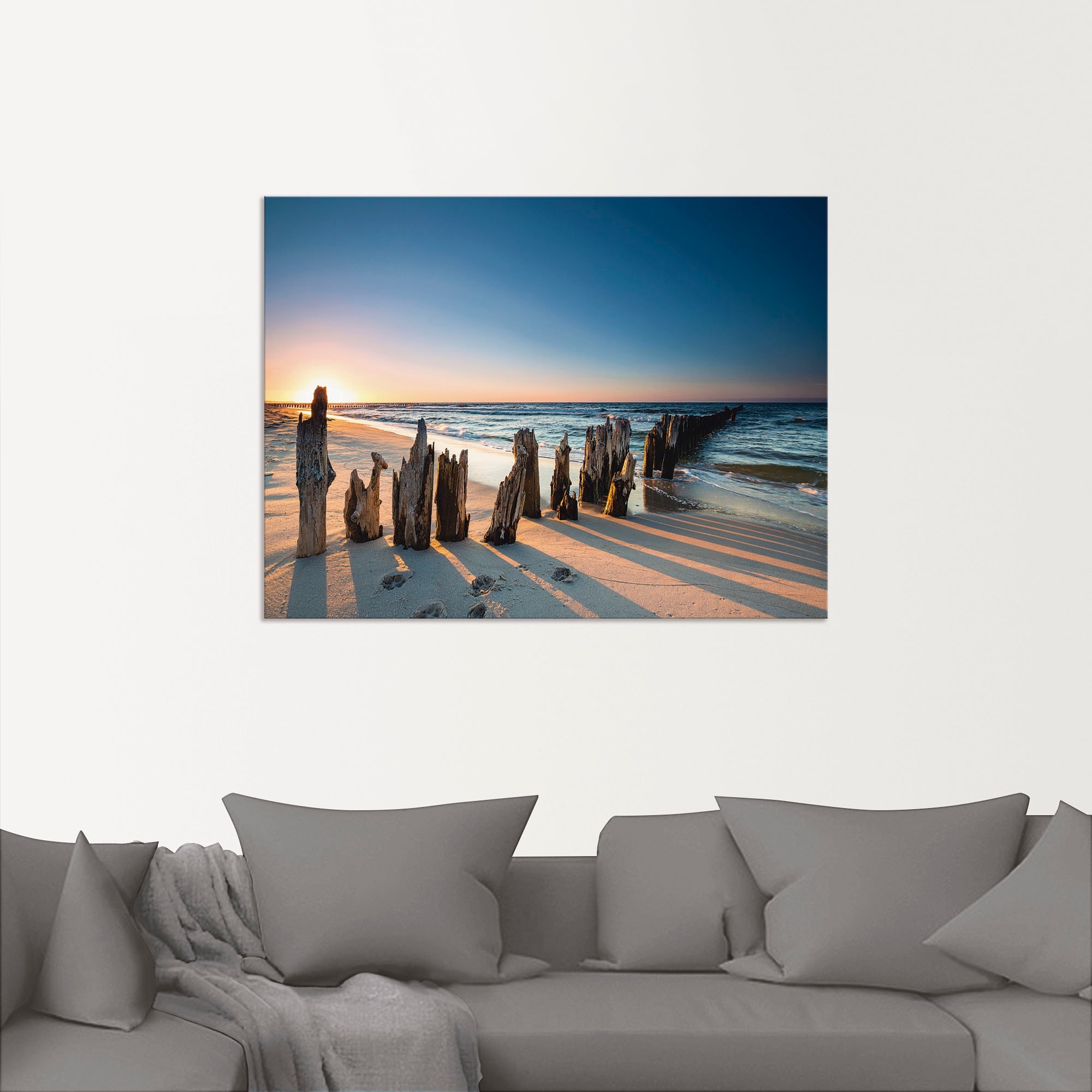 Artland Wandbild »Sonnenuntergang Strand Wellenbrecher«, Meer Bilder, (1 St.), als Alubild, Outdoorbild, Leinwandbild, Poster, Wandaufkleber