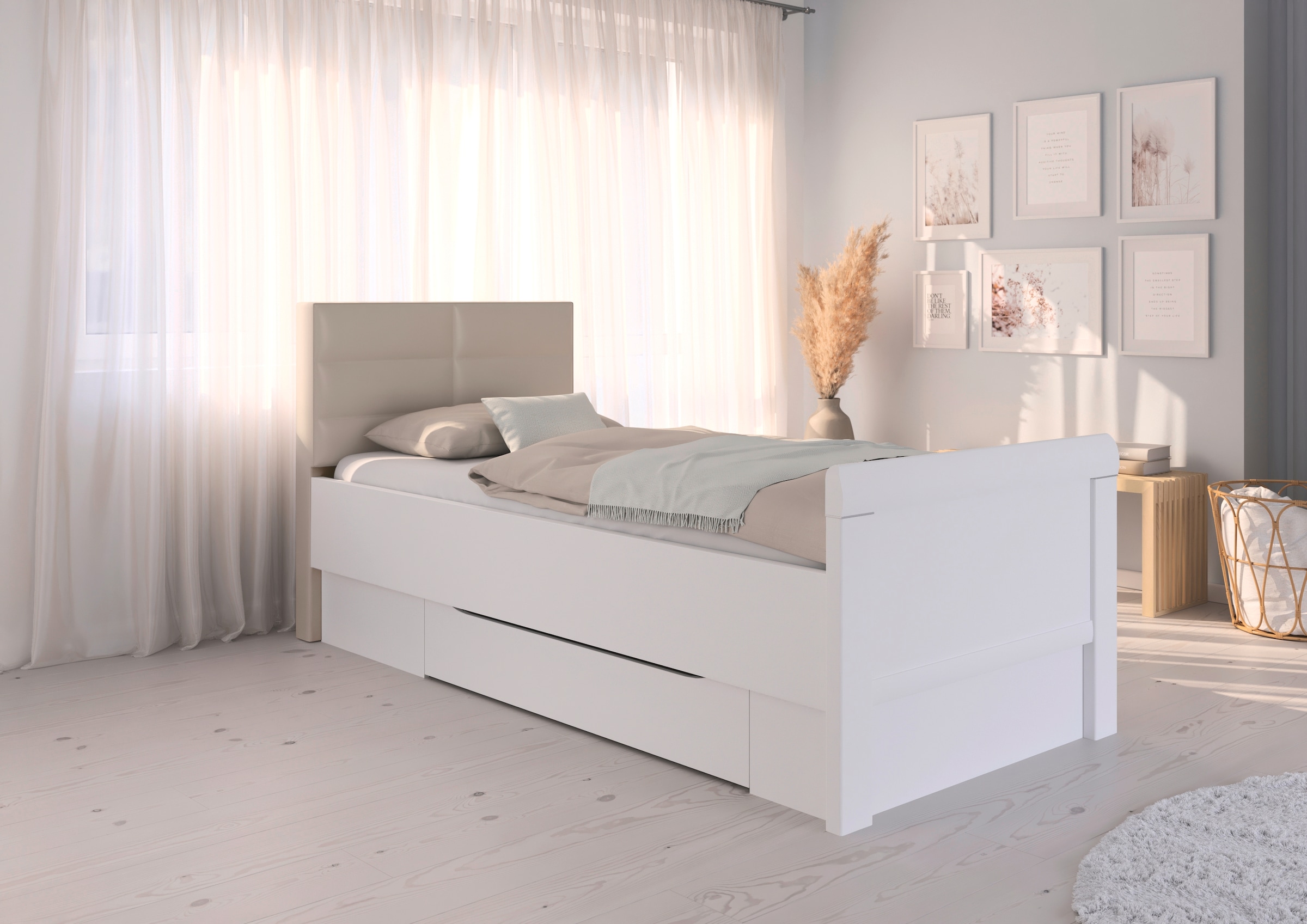 rauch Stauraumbett »Bett Einzelbett Stollenbett Bettkästen EVELYN«, in Komforthöhe mit Polsterkopfteil sowie Schubladen MADE IN GERMANY