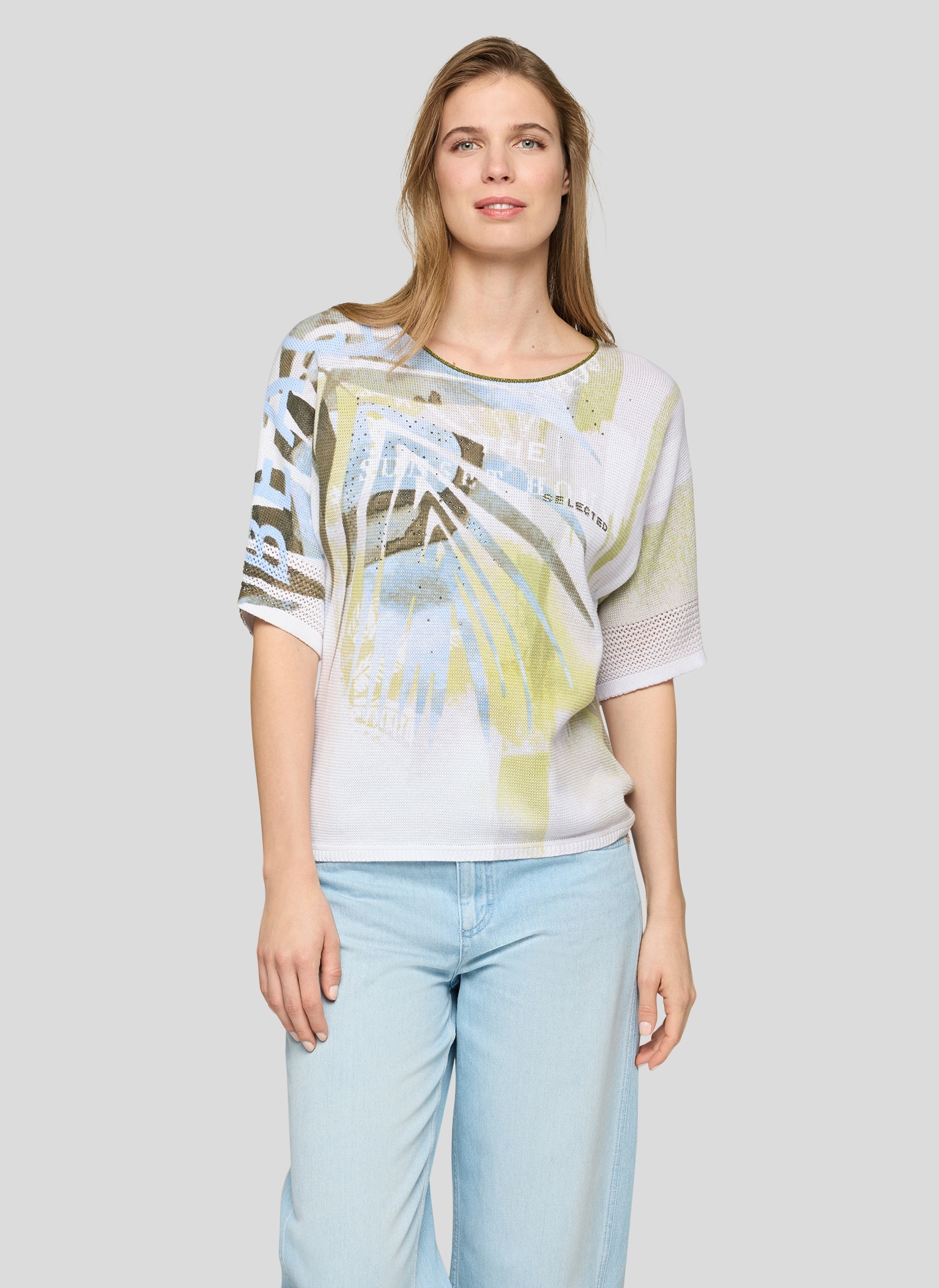 Rabe Strickpullover 3/4-Ärmel mit floralem Muster und Glitzersteinen günstig online kaufen