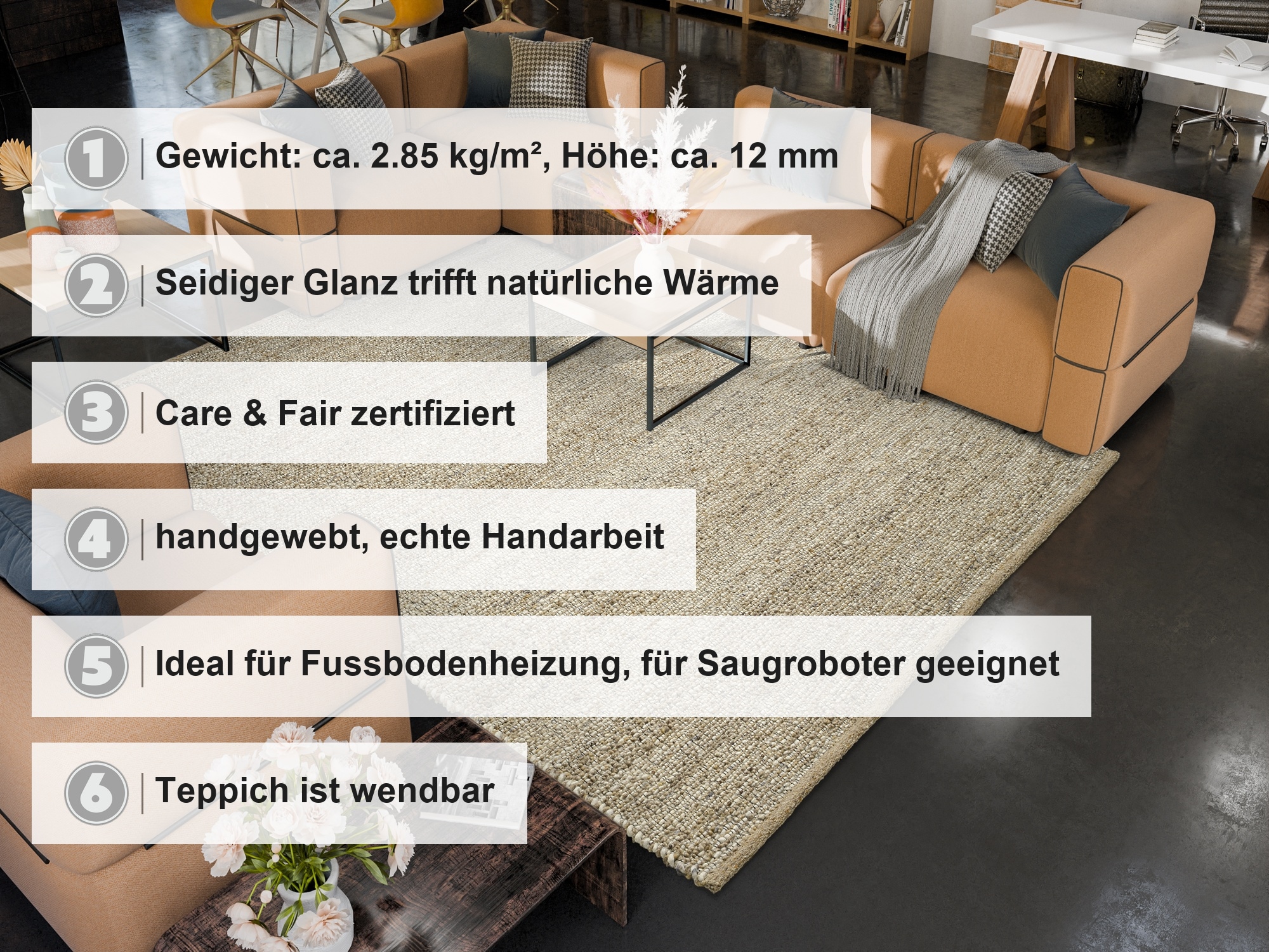 OCI DIE TEPPICHMARKE Wollteppich »COUNTRY HANDWEB« rechteckig 12 mm Höhe 95% Wolle, handgewebt, Naturfasern, Wendeteppich, Wohnzimmer