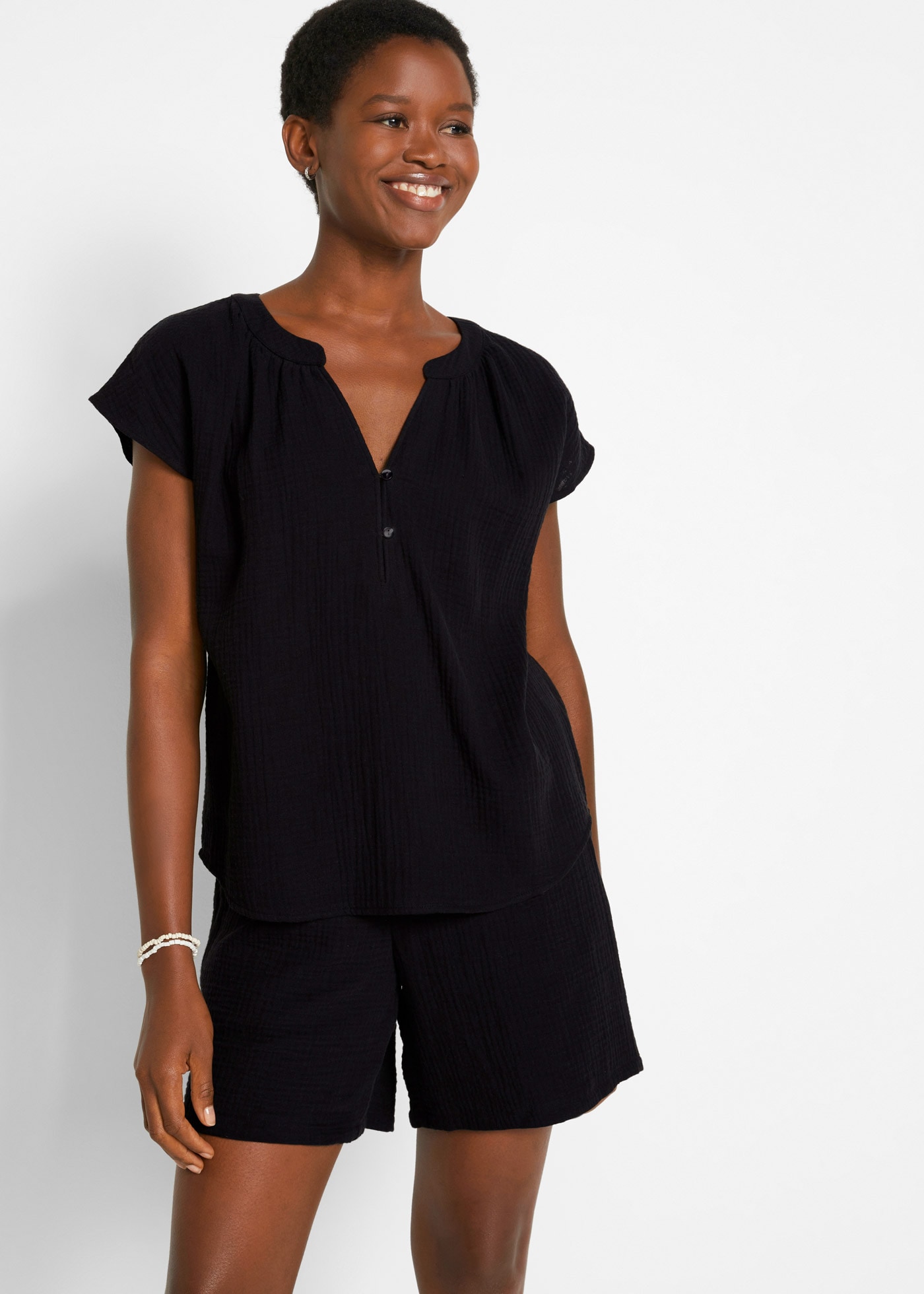 bonprix Shirtbluse »Musselin-Blusentop aus reiner Baumwolle« Oversize-Passform, mit V-Ausschnitt, aus Baumwolle