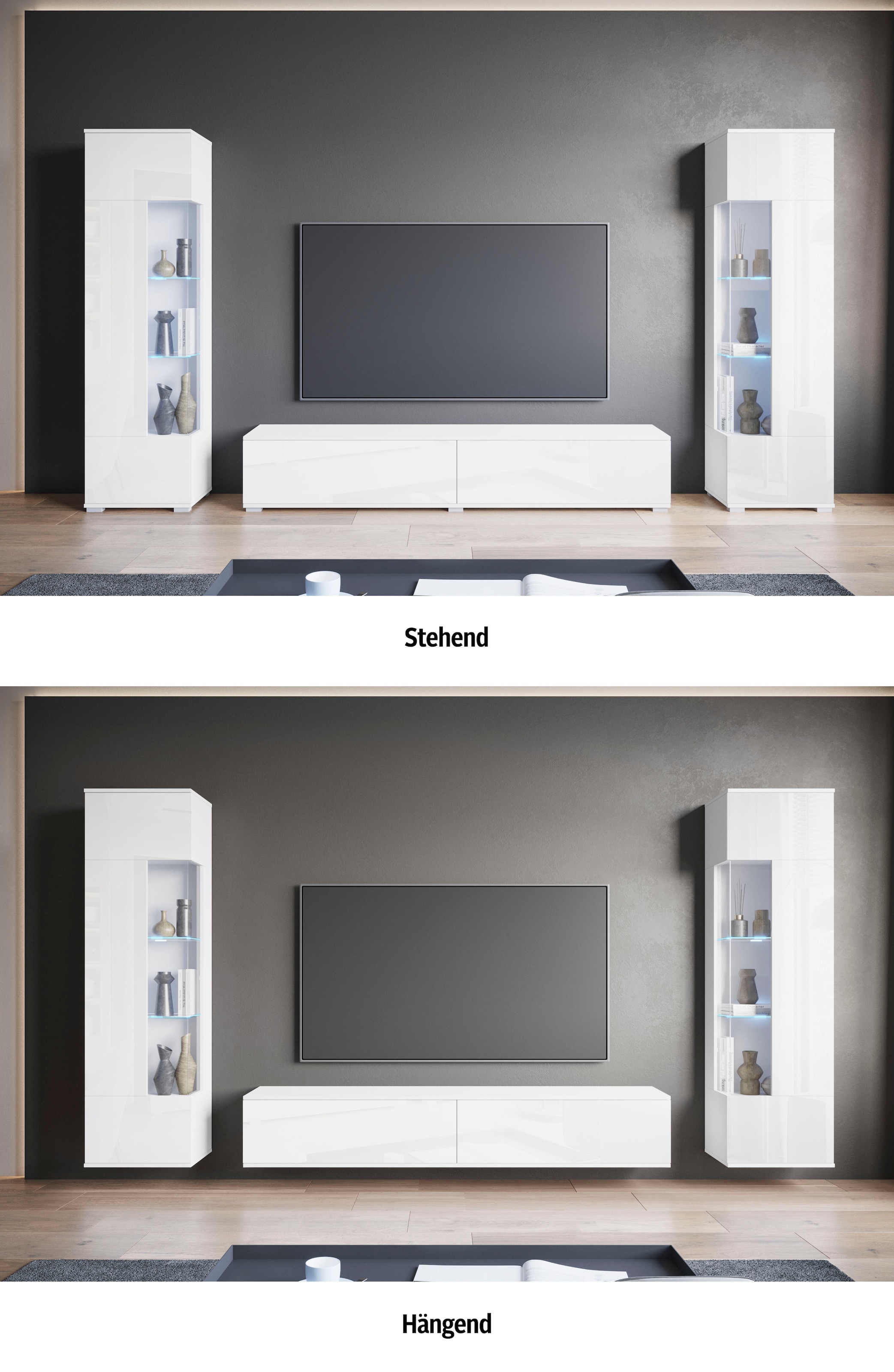 INOSIGN Wohnwand »Kenia, Vitrine Türanschlag links/rechts wechselbar«, (3 St.), Vitrinen mit Eckverglasung, hängend und stehend montierbar