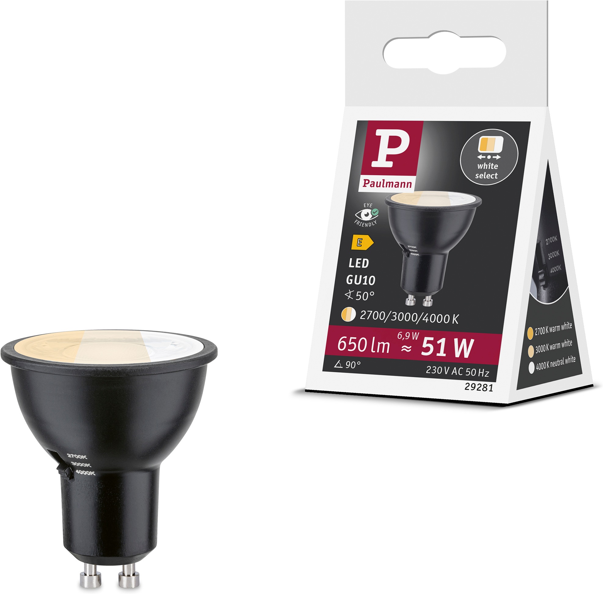 Paulmann LED-Leuchtmittel »650lm 3CCT DipSwitch 50° 6,9W 230V« GU10 1 Stk. Farbwechsler White Select