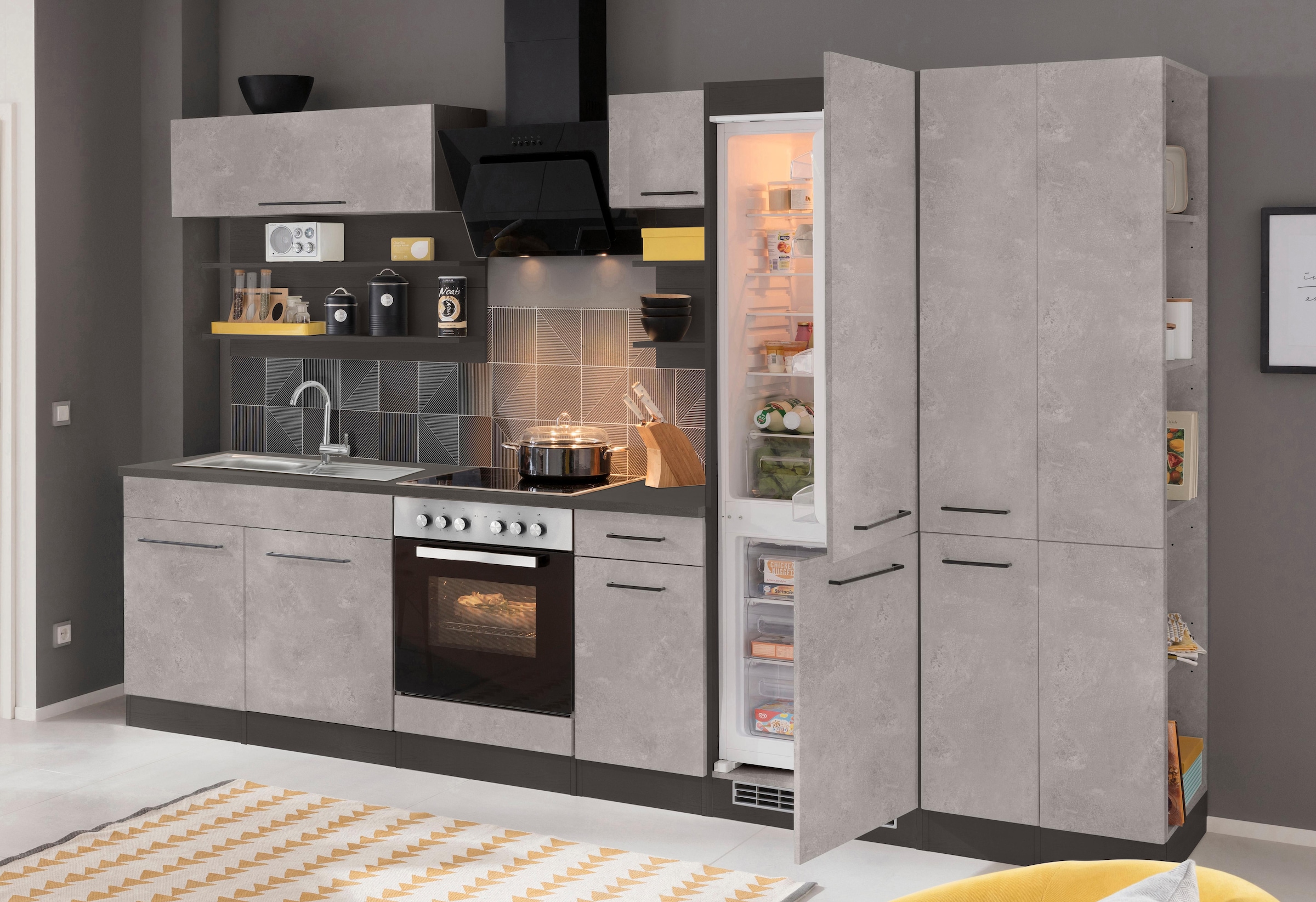 KOCHSTATION Küchenzeile »KS-Tulsa«, mit E-Geräten, Breite 300 cm, schwarze Metallgriffe, MDF Fronten