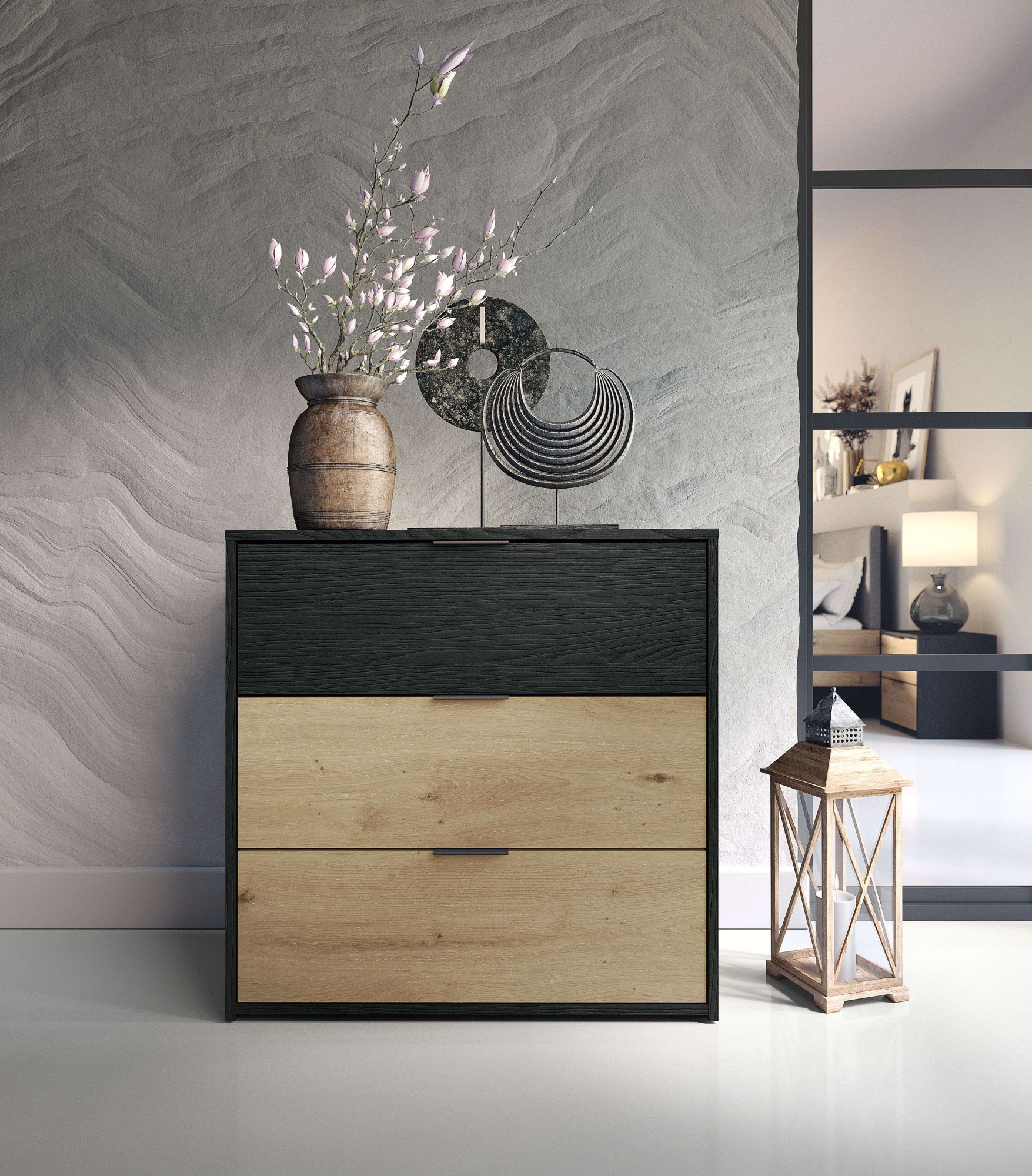 OTTO home "PEERY Sideboard mit 3 Schubladen, Maße B/T/H: 80/40/79 cm" Moderner Schubladenschrank mit viel Stauraum und schwarzen Griffen