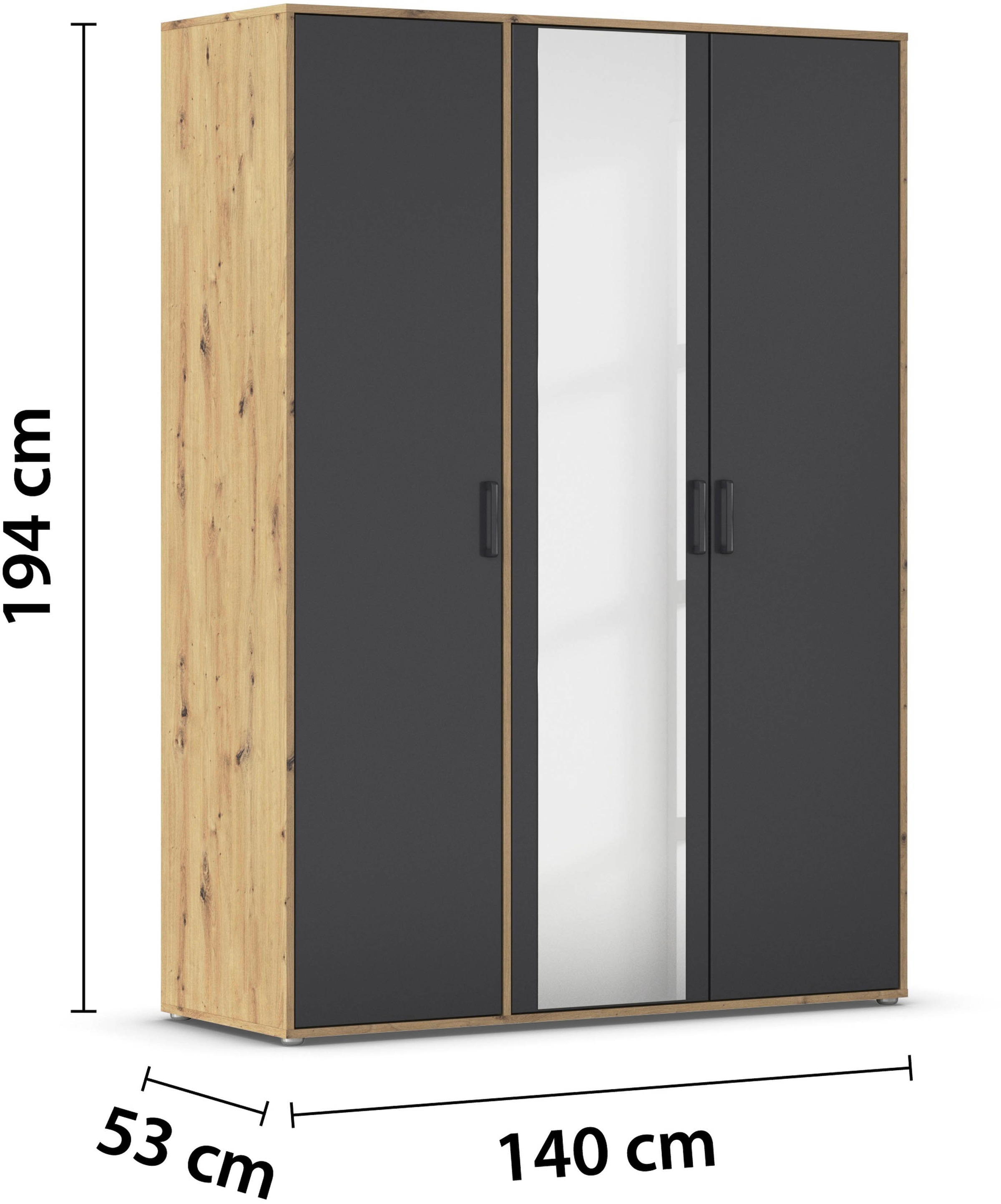 rauch Drehtürenschrank »Kleiderschrank Schrank Garderobe Wäscheschrank VOYAGER«, (in 3 verschiedenen Ausstattungen BASIC/CLASSIC/PREMIUM), mit modernen Griffen in Graumetallic und Spiegel