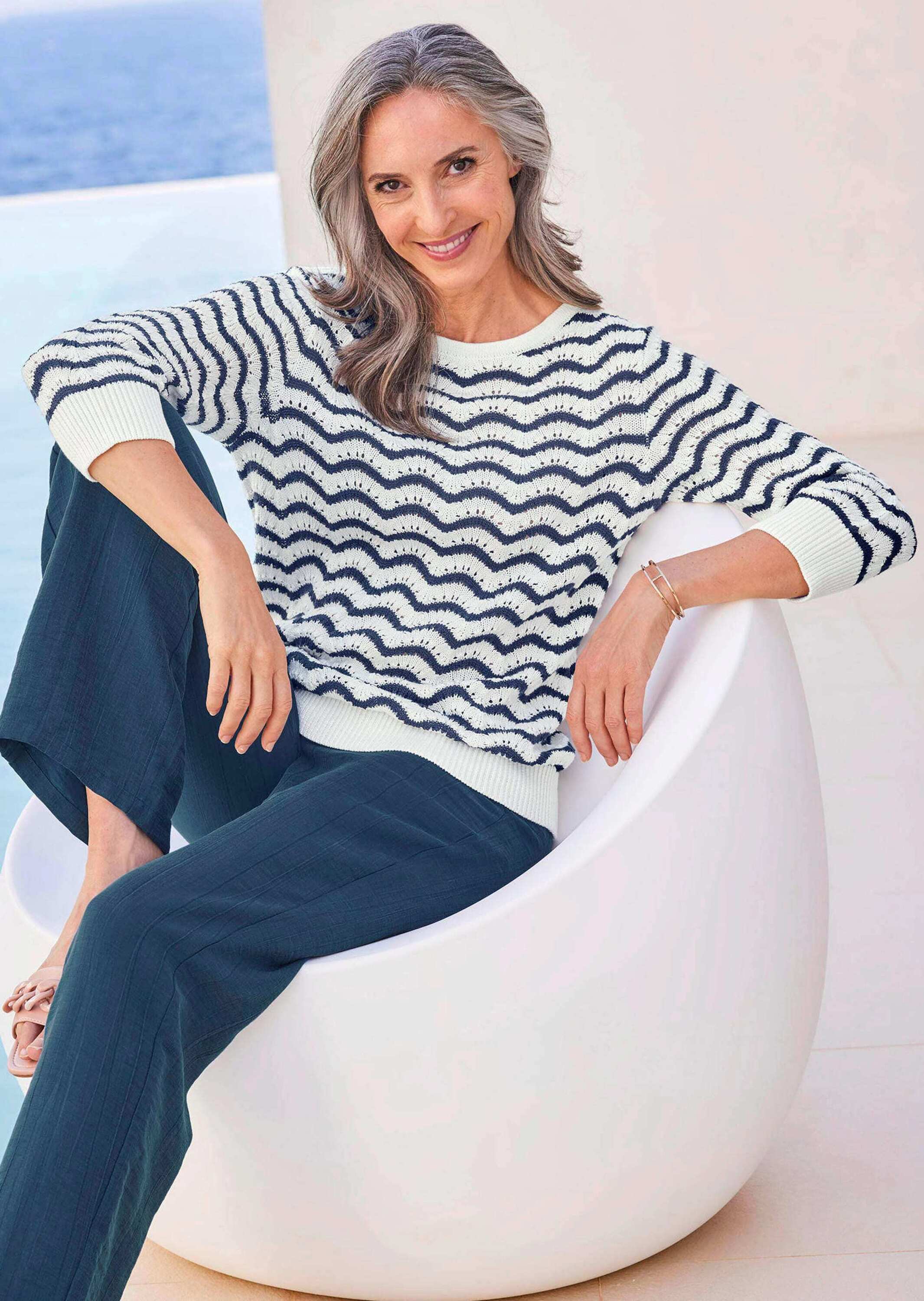 Thumbnail - GOLDNER Rundhalspullover "Kurzgröße Ringelpullover 3/4-Arm, Ajourdetails"