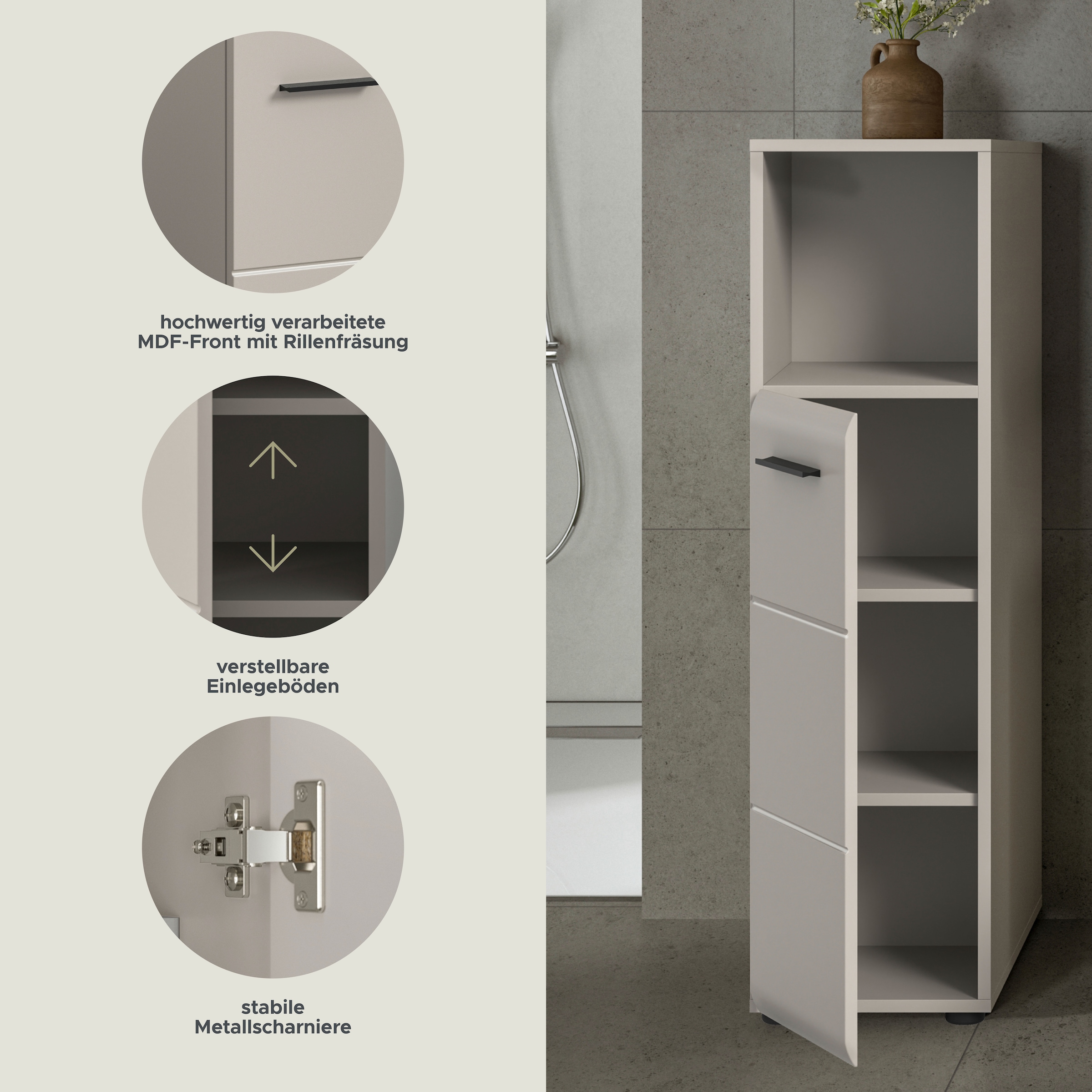 welltime Midischrank »FLORENZ,  Höhe 110 cm, 1 Tür, 2 Fachböden, 1 offenes Fach« TOPSELLER!, 1 Stk. tlg. Türanschlag wechselbar, hochwertige MDF Front, Badschrank, Bad