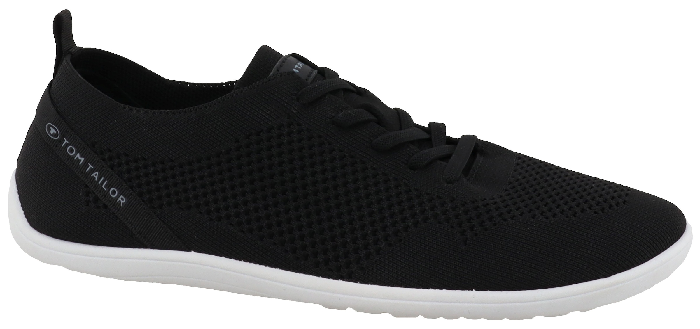 Barfußschuh TOM TAILOR "Kawelo", Gr. 43, schwarz, Textil, Schuhe Barfußschuh, Freizeitschuh, Halbschuh, Schnürschuh mit Logoschriftzug