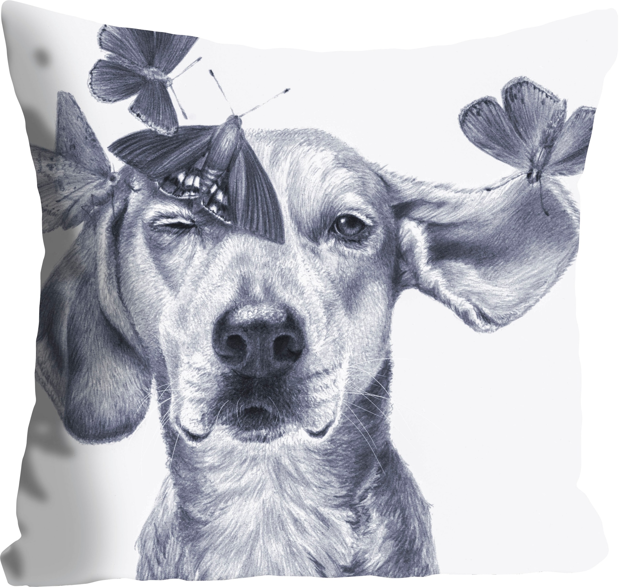 queence Dekokissen "Buttercup" mit einem Hund und Schmetterlingen günstig online kaufen