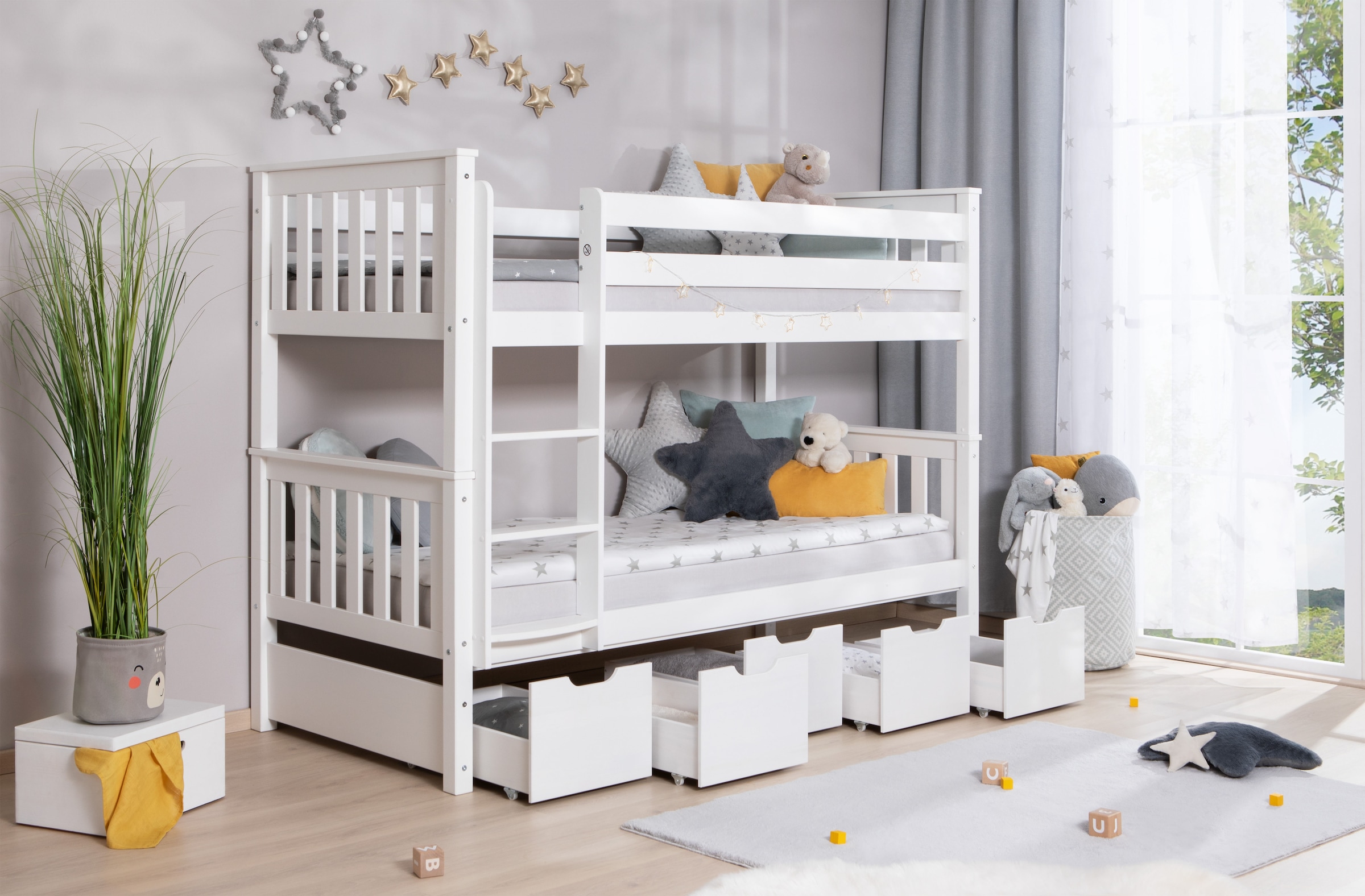 Ticaa Etagenbett »Sammy«, (90x200cm), mit Stauraum, umbaubar zu 2 Einzelbetten, Rollrost, Massivholz