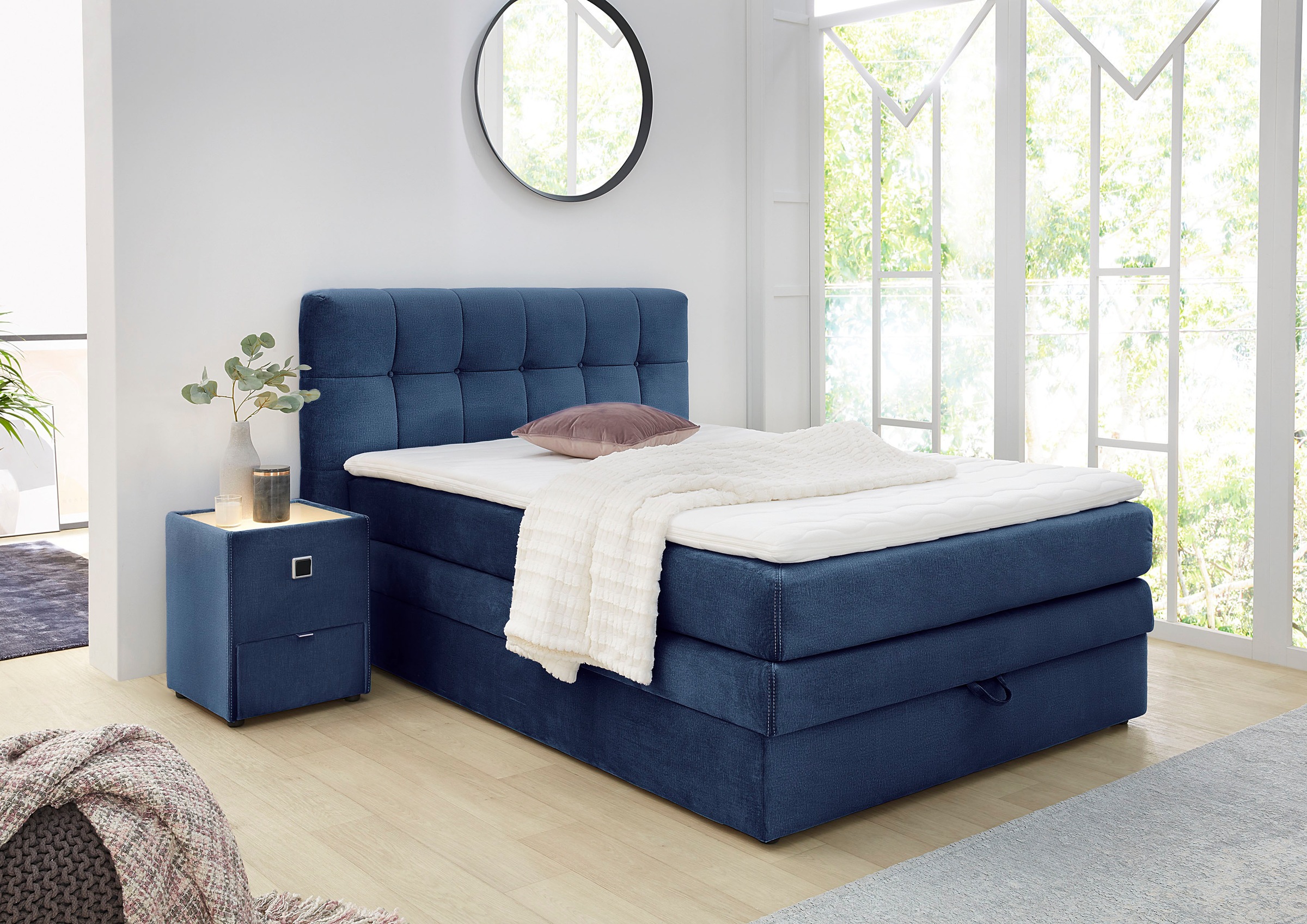 Jockenhöfer Gruppe Boxspringbett "AMY mit Bettkasten, inkl. Bonnell- oder Taschenfederkernmatratze H2-H4" mit 6 cm Kaltschaum-Topper, Samt-Bezug, 120x200 und 140x200 cm