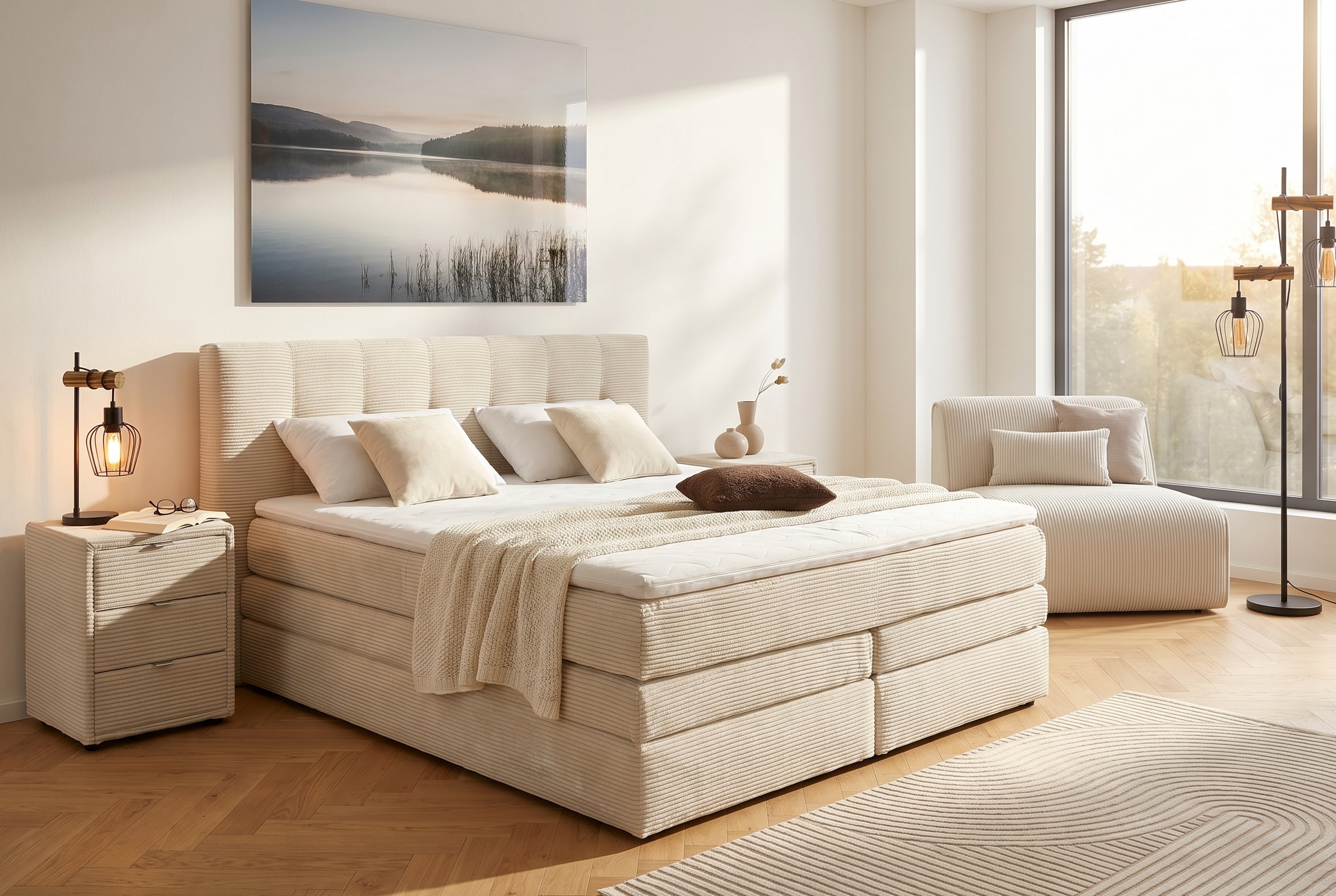 Jockenhöfer Gruppe Boxspringbett "AMY mit Bettkasten, inkl. Bonnell- oder Taschenfederkernmatratze H2-H4" mit 6 cm Kaltschaum-Topper, Cord-Bezug, 180x200 und 200x200 cm