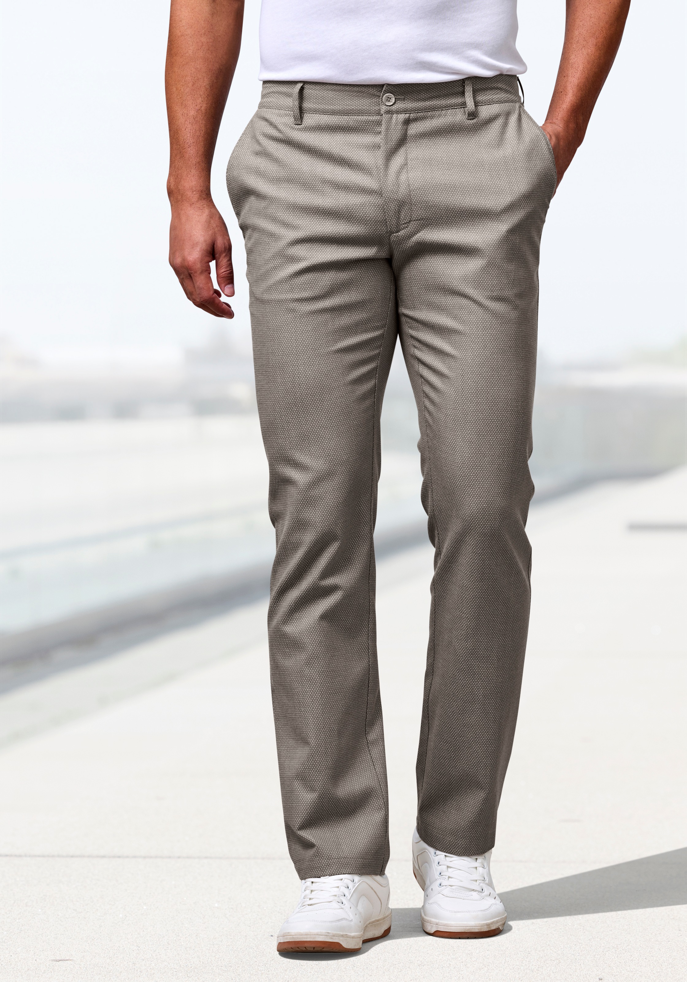 Stoffhose H.I.S "aus leicht elastischer Baumwollmix-Qualität", Herren, Gr. 33, Länge 34, beige, Web, Obermaterial: 53% Baumwolle, 30% Polyester, 15% Viskose, 2% Elasthan, unifarben, regular fit lang, Hosen Stoffhose, bequeme Hose aus leicht elastischer Qu