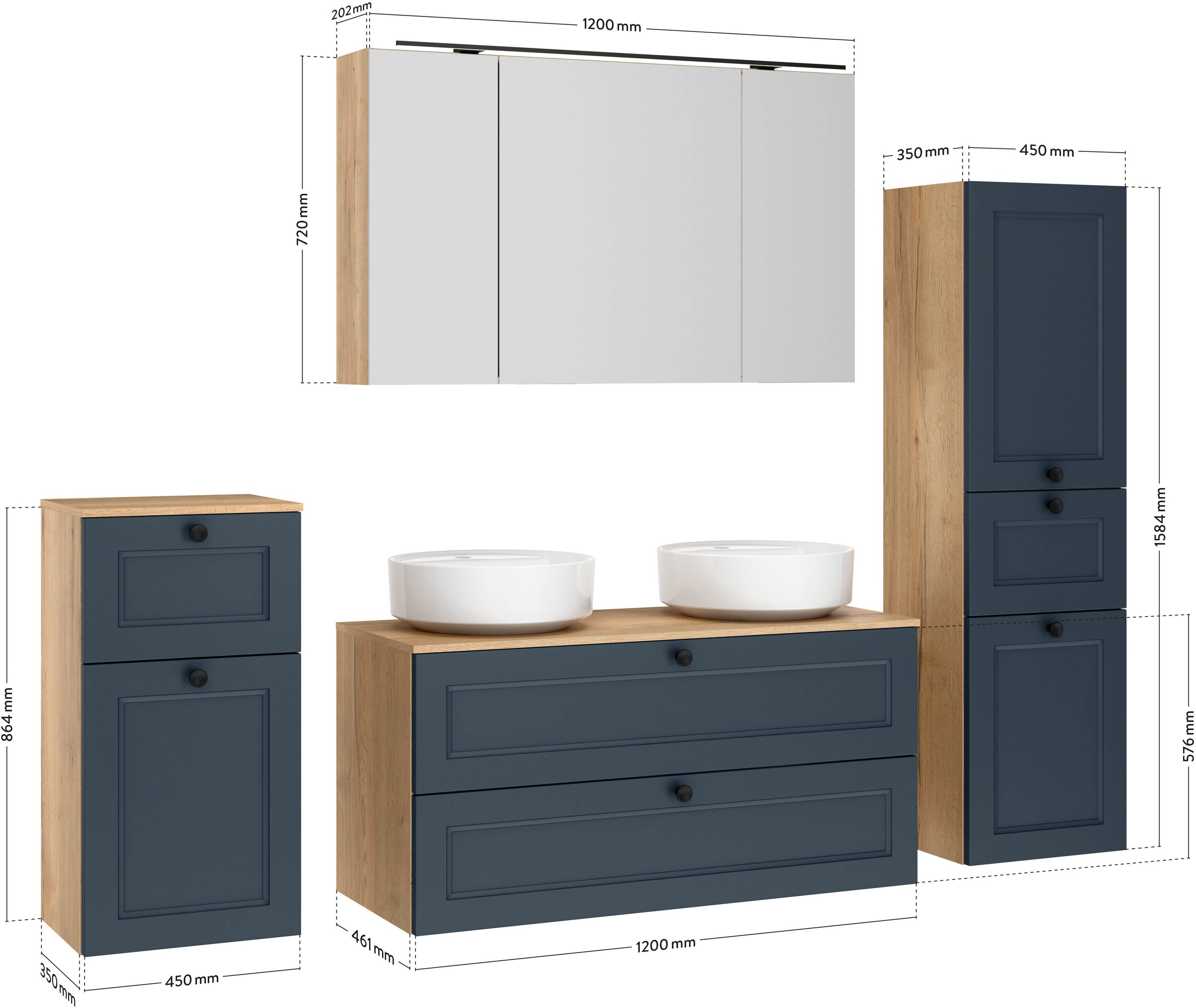 nobilia® Badmöbel-Set »Cascada« Set, inkl.  2 Aufsatzwaschbecken und Spiegelschrank mit Beleuchtung, 6 Stk. tlg.