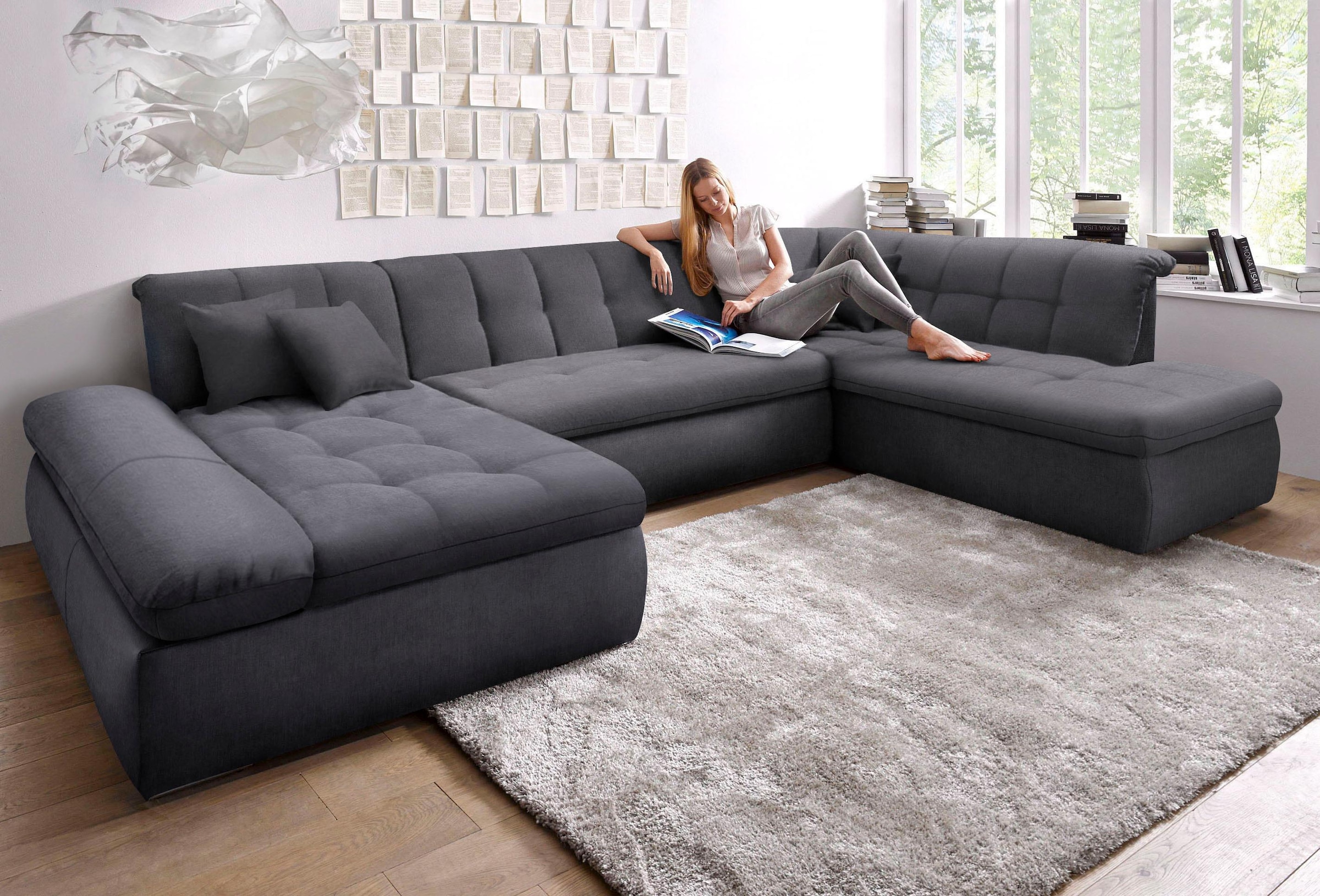 DOMO collection Wohnlandschaft »NMoric im XXL-Format, B/T/H: 353/216/80 cm, incl. Zierkissen U-Form«, wahlweise mit Bettfunktion und Armlehnenverstellung