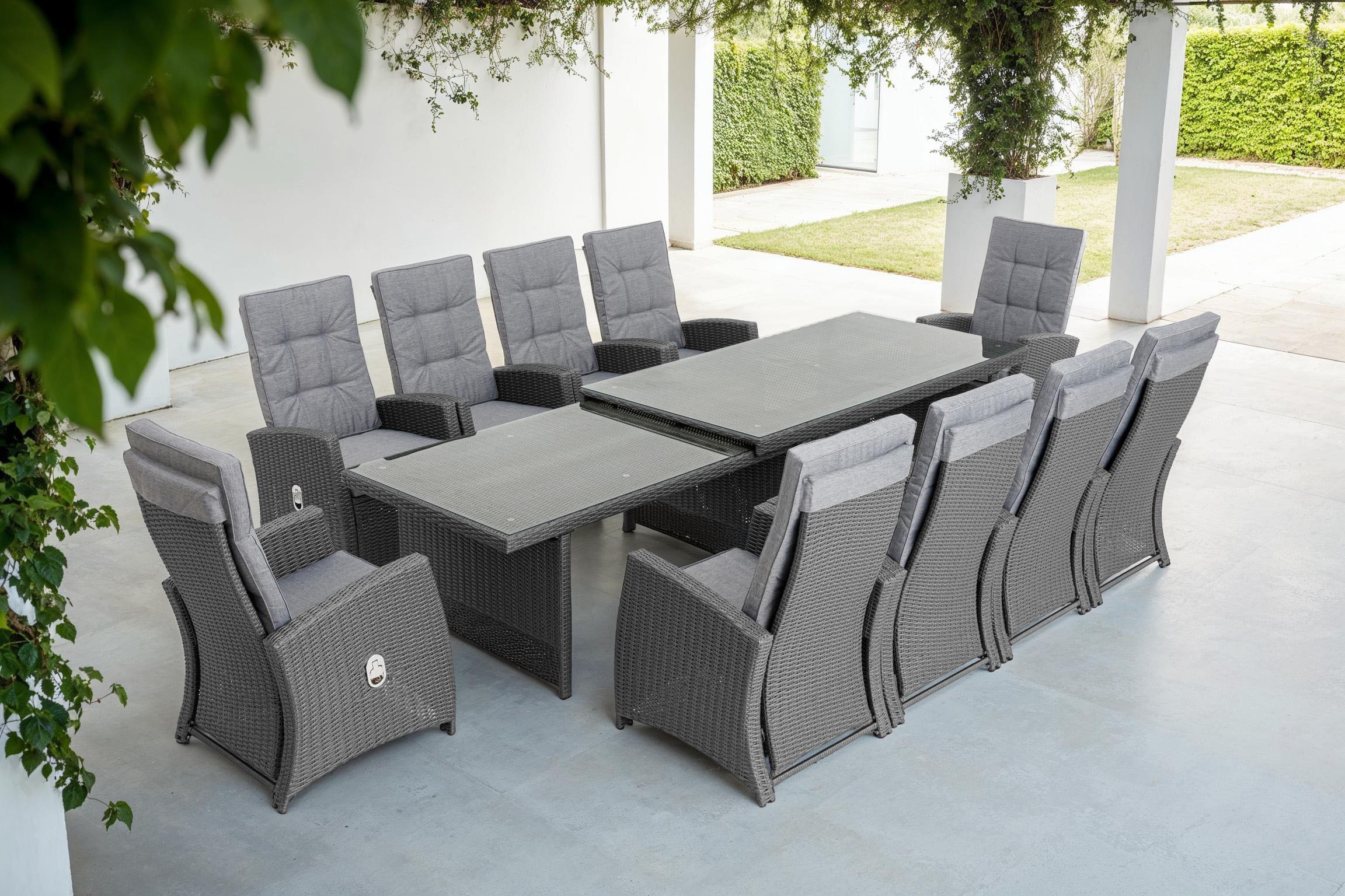 KONIFERA Garten-Essgruppe »»New Paris««, (Set, 31 tlg., 10 Sessel, Tisch ausziehbar Tisch 100x200-324,5x74 cm), Rückenlehne verstellbar, inkl. Auflagen