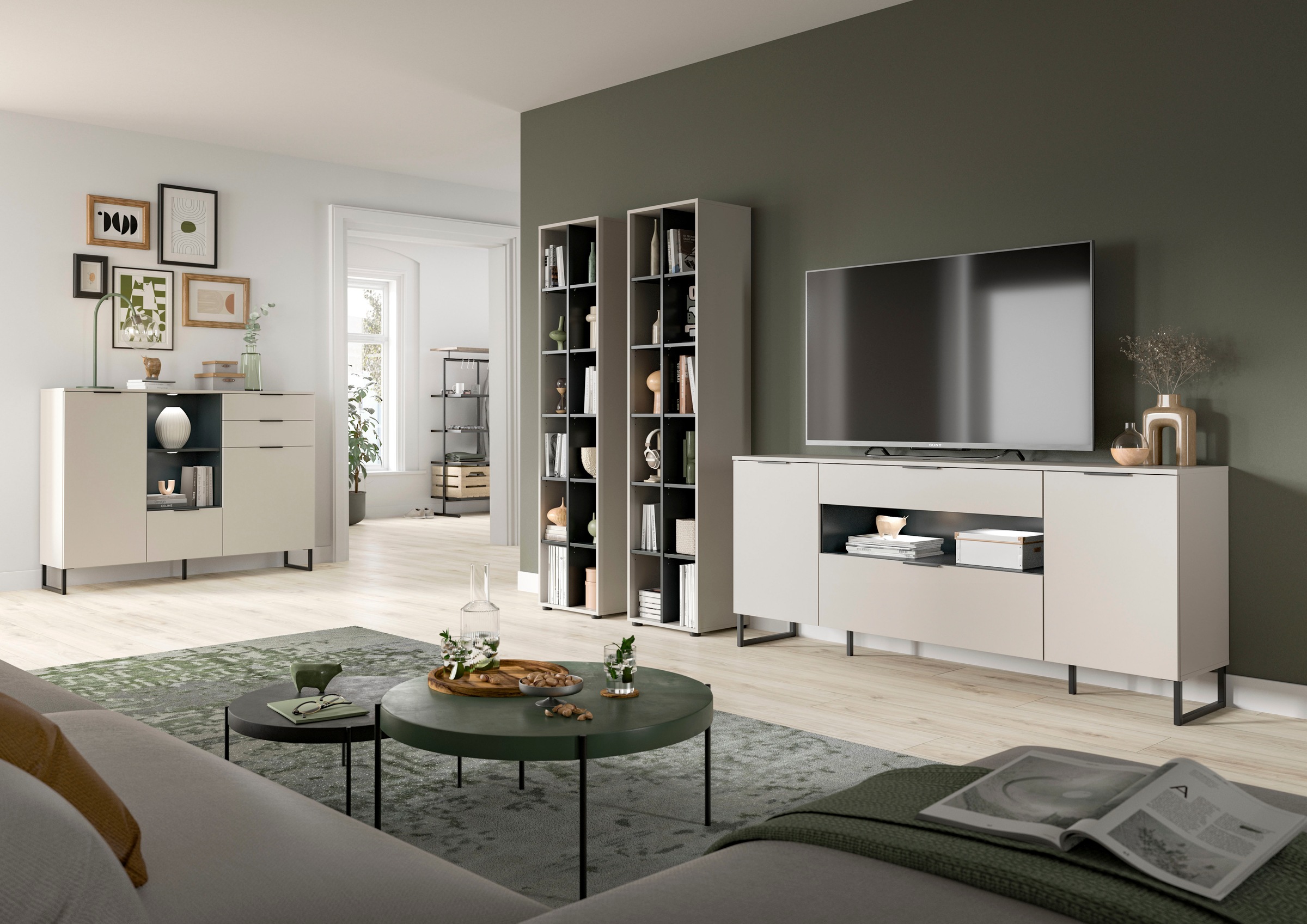 INOSIGN Wohnwand »Adio, Wohnkombination, 305 cm Breit«, (Set, 3 St.), Adio, Wohnkombination 3tlg. Kashmir NB, 2 Stauraumregale, Sideboard