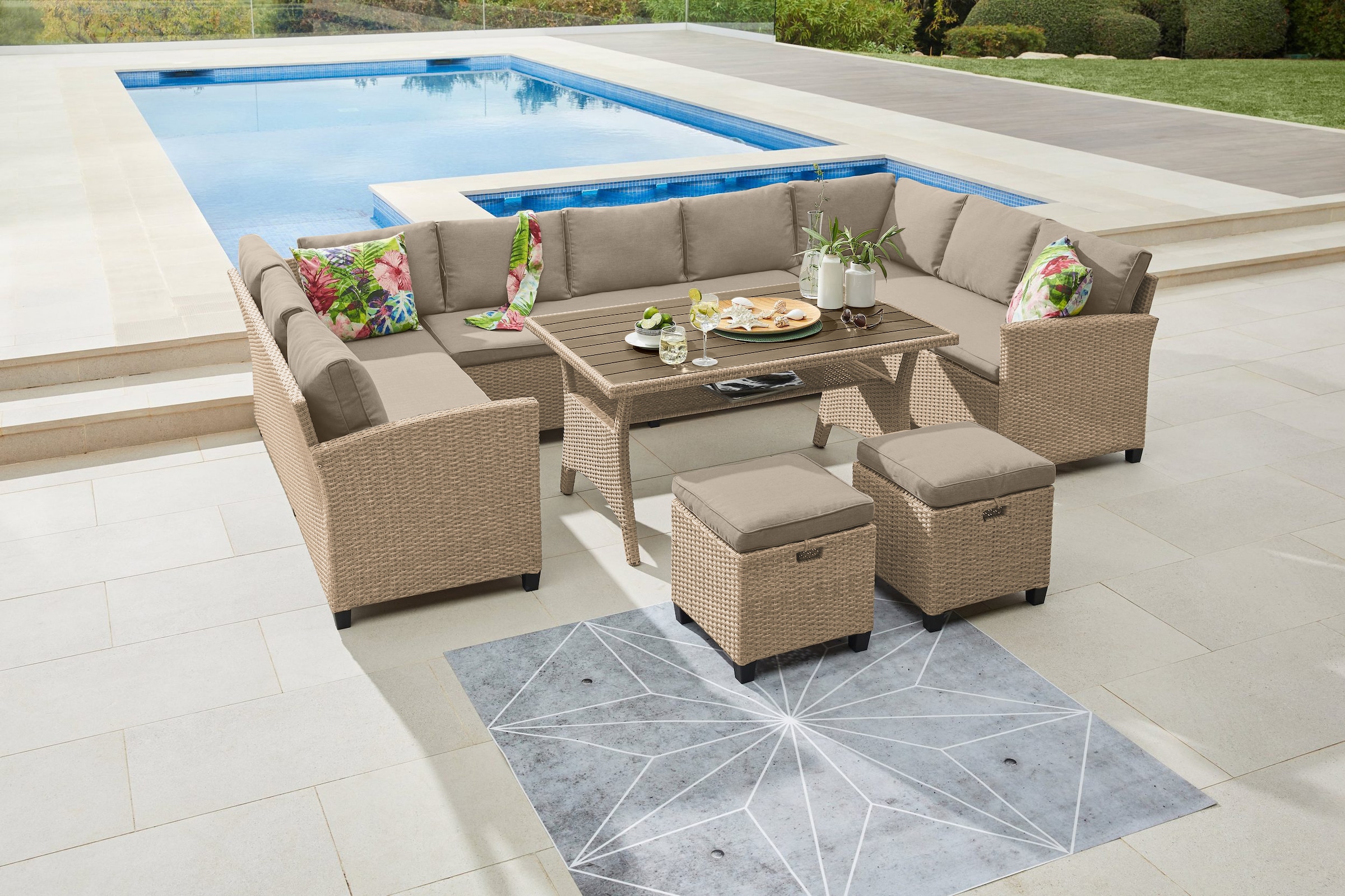 KONIFERA Gartenlounge-Set "Rotterdam", (Set, 20 tlg., 3x 3er Sofa, 2x Hocker, 1x Tisch 120x82x67cm, inkl. Auflagen), Pol